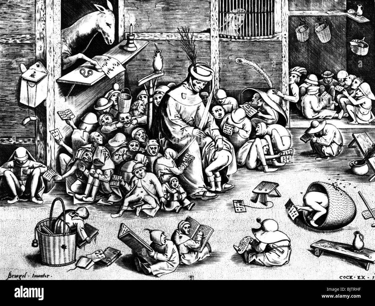 education, corporal punishment, scene in a school, 16th century, caricature, historic, historical, birch, birching, teacher, beating, hitting, pupil, student, pupils, students, people, Stock Photo