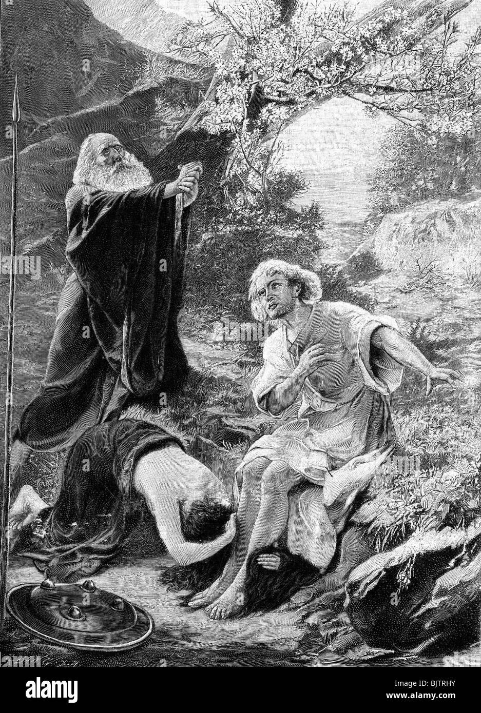 Parzival, legendary figure from a mediaeval epic poem, half length (right), with Kundry and Gurnemanz, wood engraving, after a sketch by Max Ritter v. Schmaedel, Stock Photo