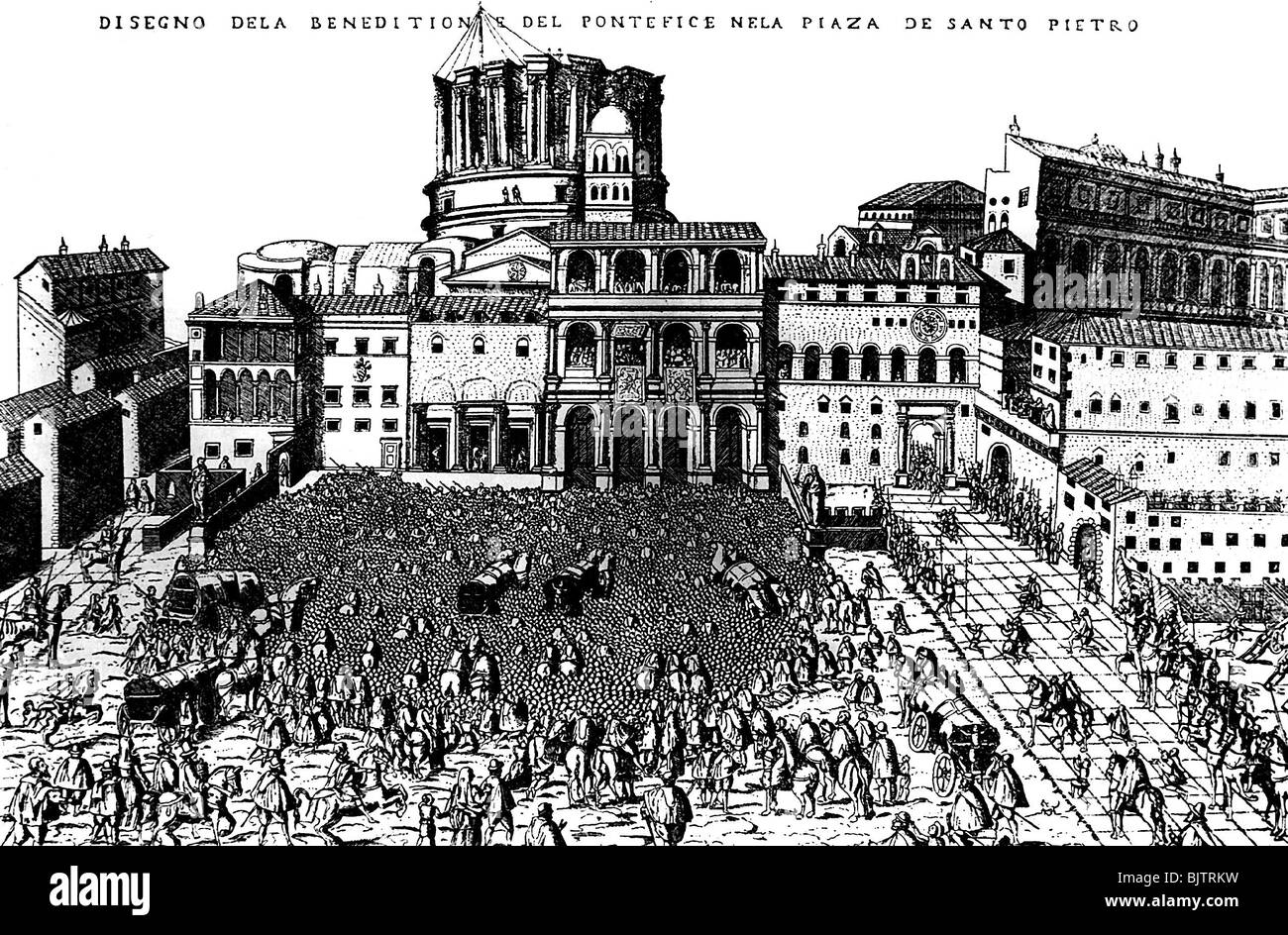 geography / travel, Italy, Rome, St. Peter's Basilica, in times of Pope Sixtus V (1585 - 1590) under construction, pope bless people, contemporary woodcut, 16th century, historic, historical, St. Peter's Basilica, Papal Basilica of Saint Peter, Basilica Papale di San Pietro, 5th, religion, Christianity, crowds, crowd, ritual, custom, Vatican, Southern Europe, people, Stock Photo
