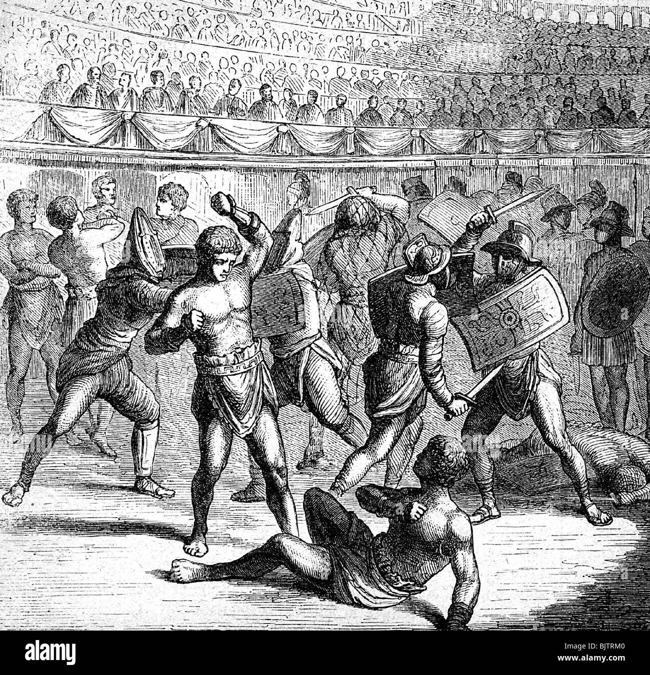 ancient world, Roman Empire, gladiators fighting in arena, wood engraving, 19th century, historic, historical, fight, combat, sports, sport, ancient world, people, Stock Photo