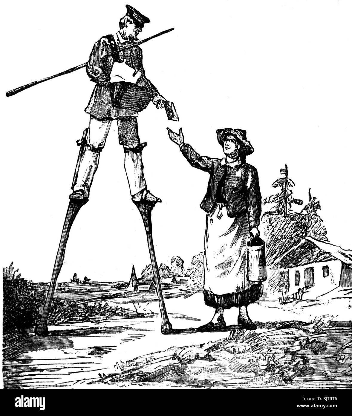 mail / post, postman, with stilts, France, historic, historical, 19th century, for almost impassable, rough regions, region, stilt, postman, mailman, postmen, mailmen, letter, letters, farmer's wife receipting mailing, carrier, carriers, messenger, deliverer, deliverers, oddity, profession, professions, people, Stock Photo