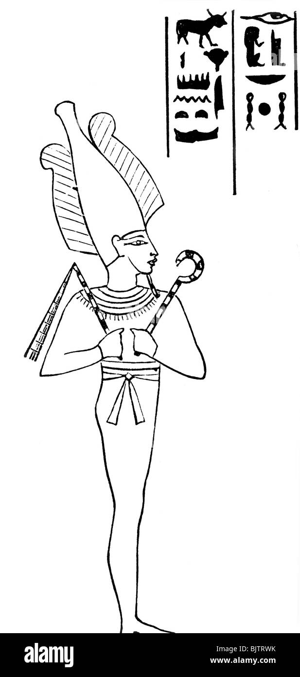 Osiris, Egpytian god of the dead, the underworld and the afterlife, drawing after Egyptian relief, full length, Stock Photo
