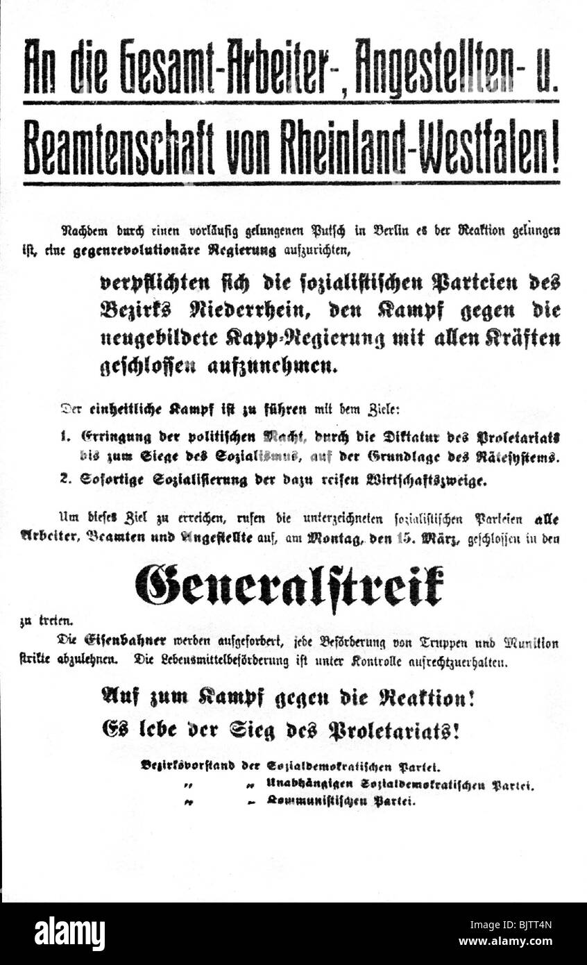 Kapp-Putsch, 13.- 17.3.1920, appeal of the opponents for general strike on 15.3. in Rhineland Westphalia, poster, 15.3.1920, 1920s, 20s, 20th century, historic, historical, Germany, Weimar Republic, politics, Social Democratic Party of Germany (SPD), Independent Social Democratic Party of Germany (USPD), Communist Party of Germany (KPD), Prussia, putsch, coup d'état, coup, revolt, Stock Photo