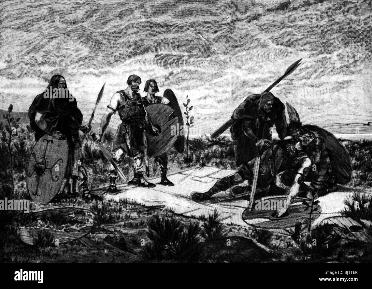 Ancient World, Germanics, tradition, duel, Holmgang, wood engraving, 19th century, historic, historical, weapons, arms, warriors, Germanic warrior, wounded, ancient world, people, Stock Photo