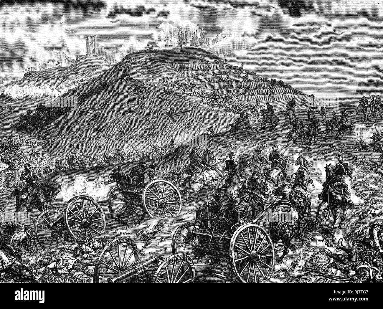 evsnts, Second Italian War of Independence 1859, Battle of Solferino, 24.6.1859, French artillery developing, wood engraving, 19th century, Italy, Unification Wars, French, France, Lombardy, Risorgimento, historic, historical, people, Stock Photo