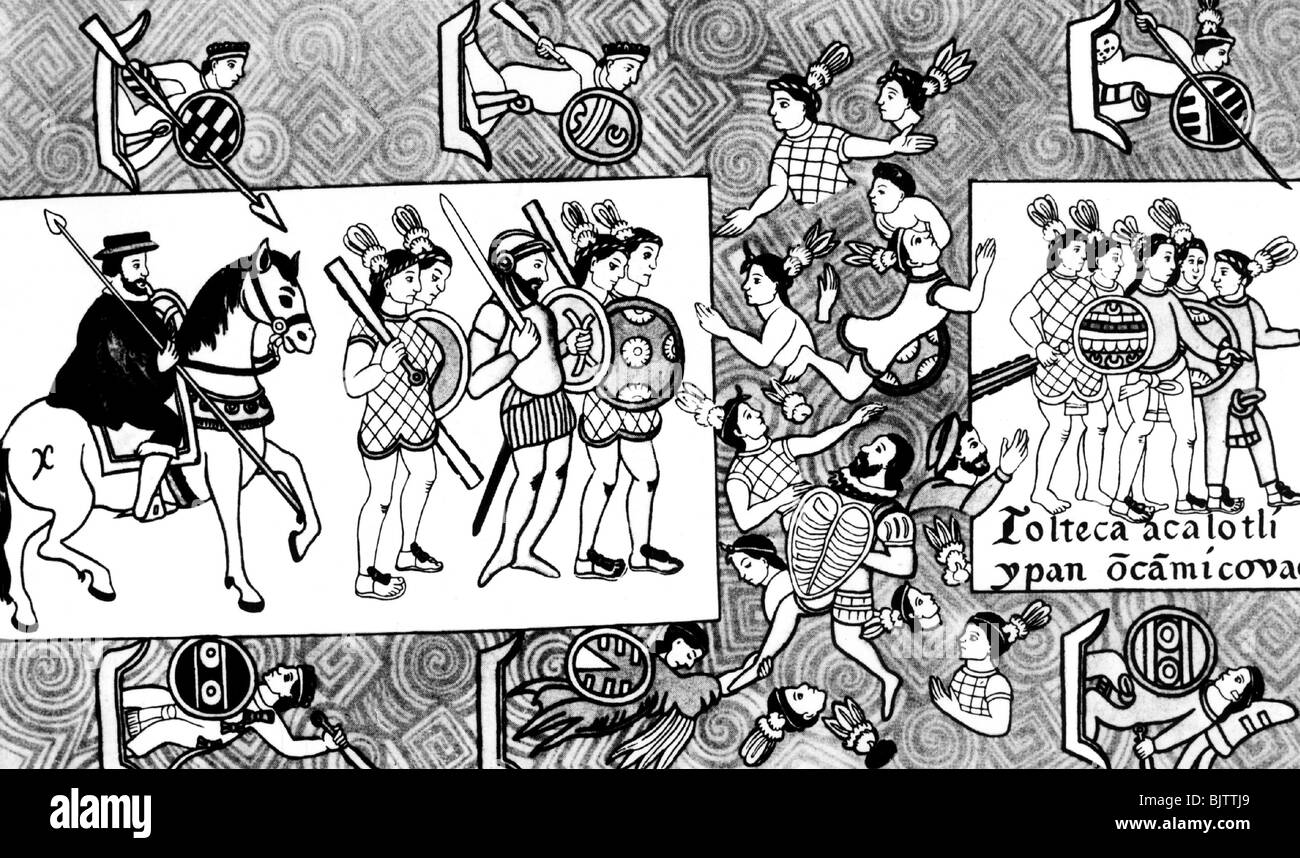 geography / travel, Mexico, Aztec Empire, Spanish conquistadors in Mexico, Hernan Cortez outgoing from Tenochtitlan, 30.6./1.7.1520, 'La noche triste', after Aztec drawings, Central America, , Stock Photo