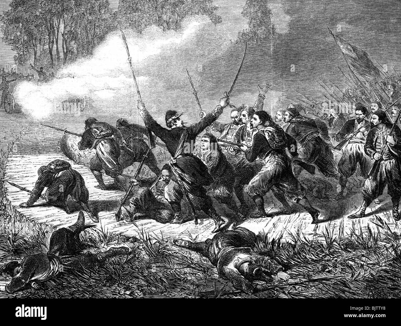 geography / travel, USA, American Civil War 1861 - 1865, Battle of  Roanoke Island, North Carolina, 7.- 8.2.1862, 9th New York (Hawkins' Zouaves) storming a Confederate battery, wood engraving, 1862, Burnside Expedition, 19th century, historic, historical, 1860s, battle, battles, infantry, fight, fighting, combat, battlefield, soldiers, North America, Union, Federal, people, Stock Photo