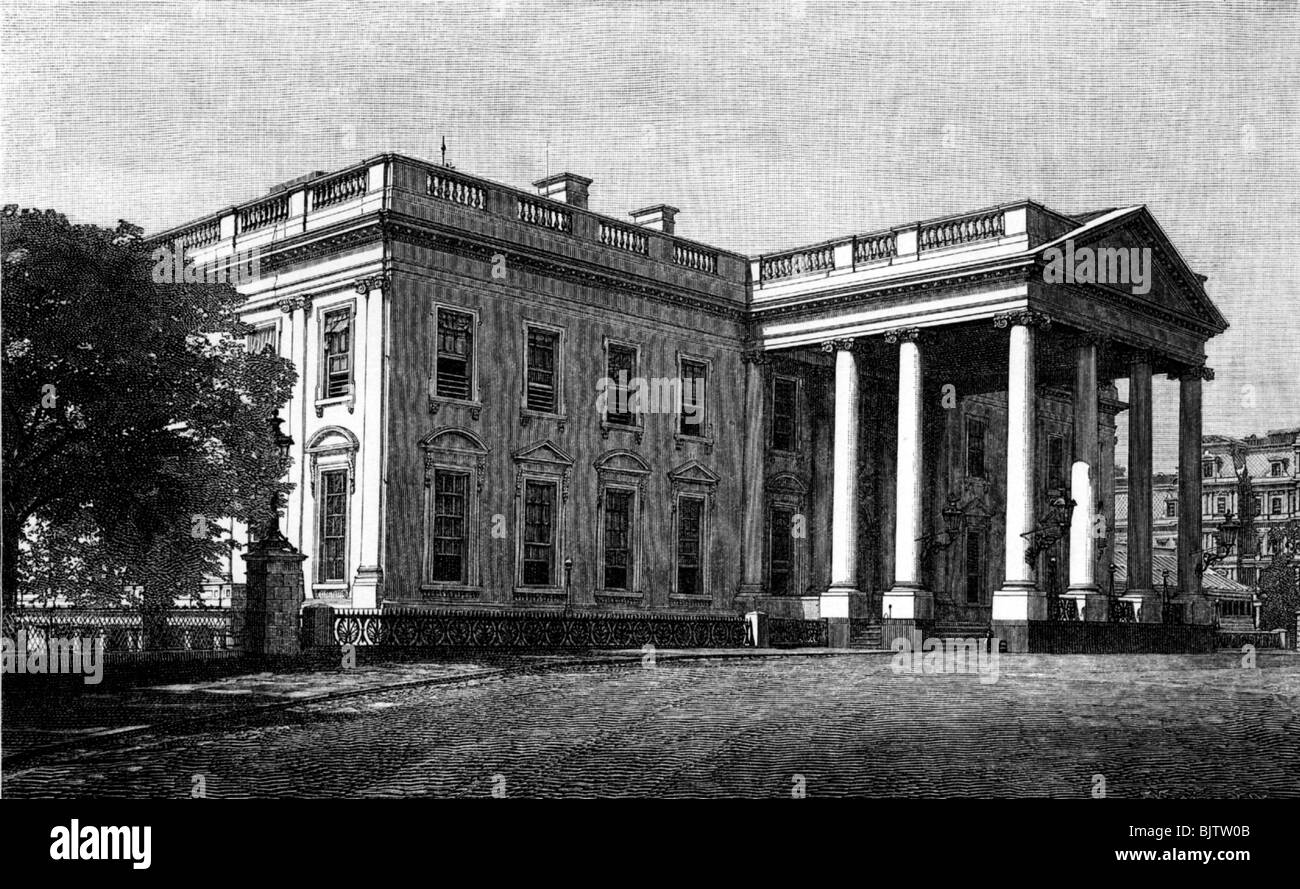 geography / travel, United States of America, Washington D.C., White House, wood engraving, after photography, 19th century, historic, historical, building, buildings, architecture, government, seat of the President of the United States of America, North America, official residence, official residences, exterior view, Stock Photo