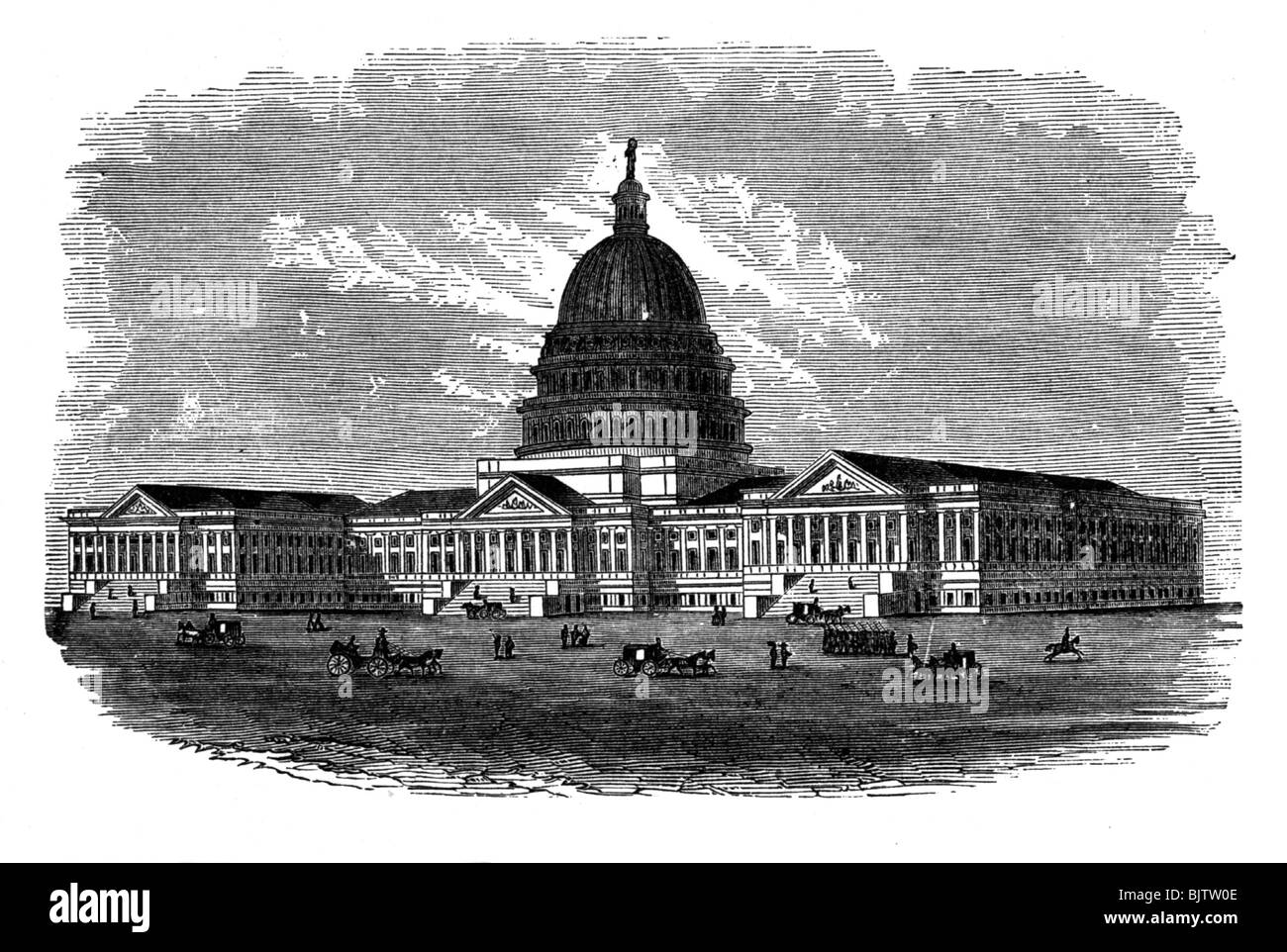 geography / travel, United States of America, Washington D.C., Capitol, wood engraving, 19th century, historic, historical, capital, exterior view, parliamental building, capitol, statehouse, statehouses, building, buildings, architecture, North America, people, Stock Photo