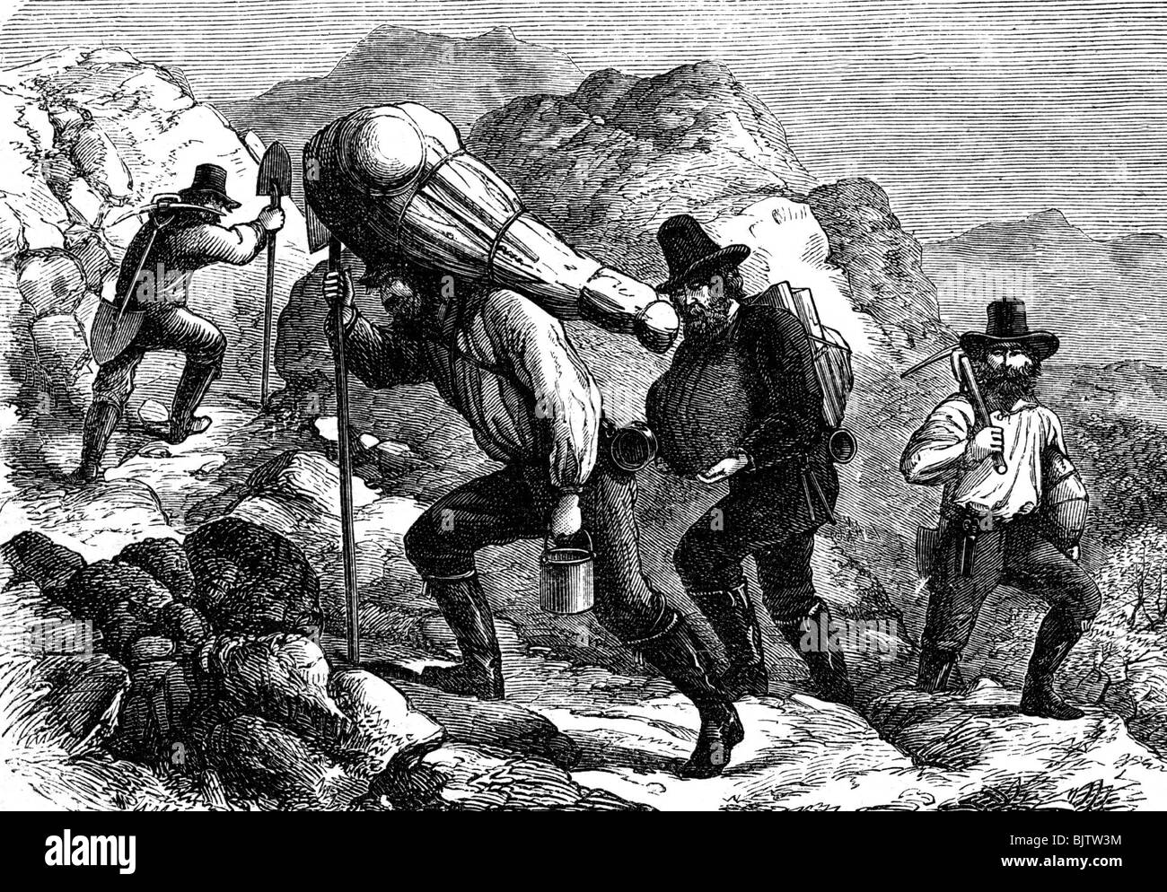 Gold seeker on the way to the mines Black and White Stock Photos