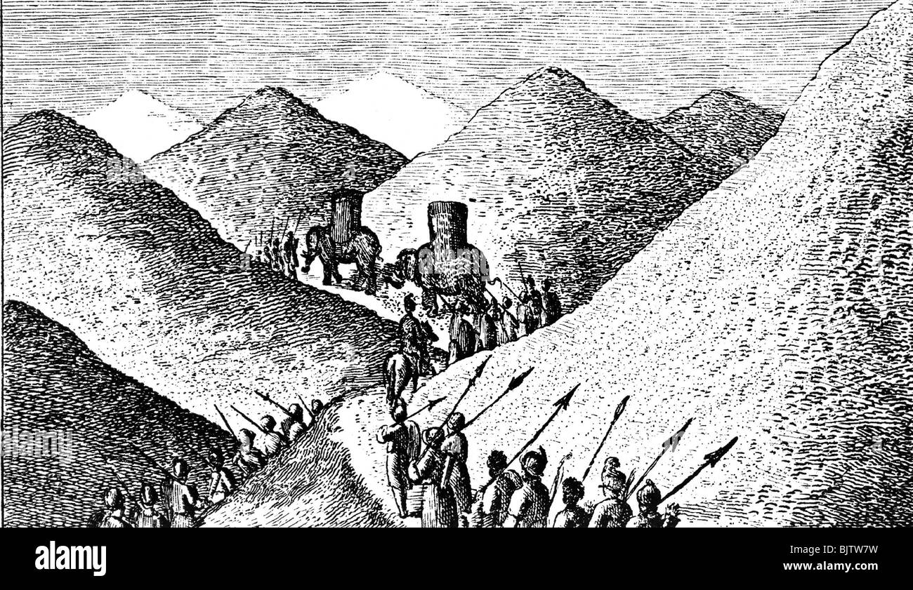 events, Second Punic War 219 - 201 BC, the Carthaginian Army led by Hannibal crossing the Alps, 218 BC, copper engraving, 18th century, elephant, elephants, soldiers, campaign, mountains, ancient world, antiquity, 3rd century BC, historic, historical, ancient world, people, Stock Photo