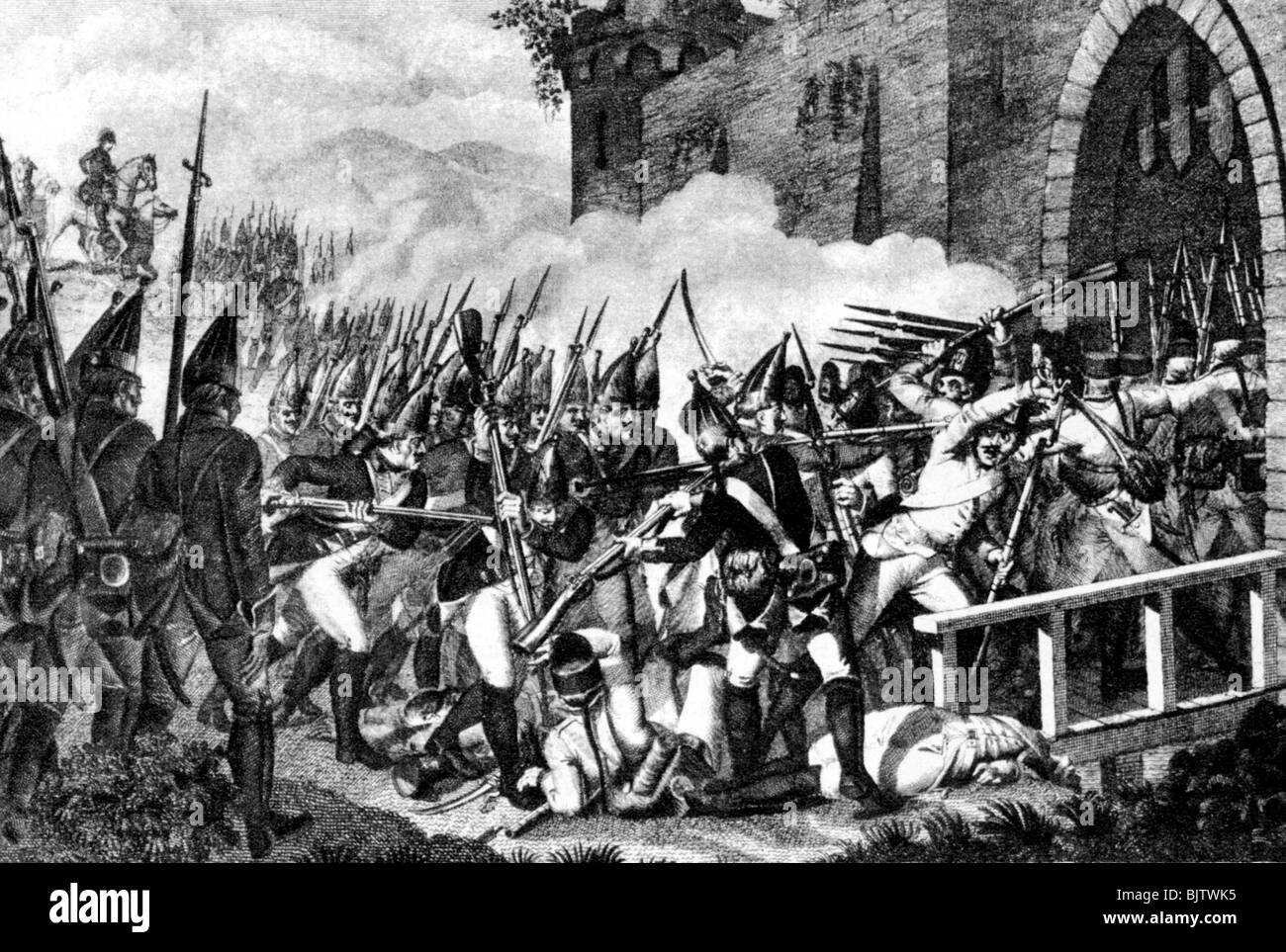 events, Seven Years War 1756 - 1763, Battle of Lobositz, 1.10.1756, Prussian grenadiers storming the city gate, wood engraving, 19th century, military, ...