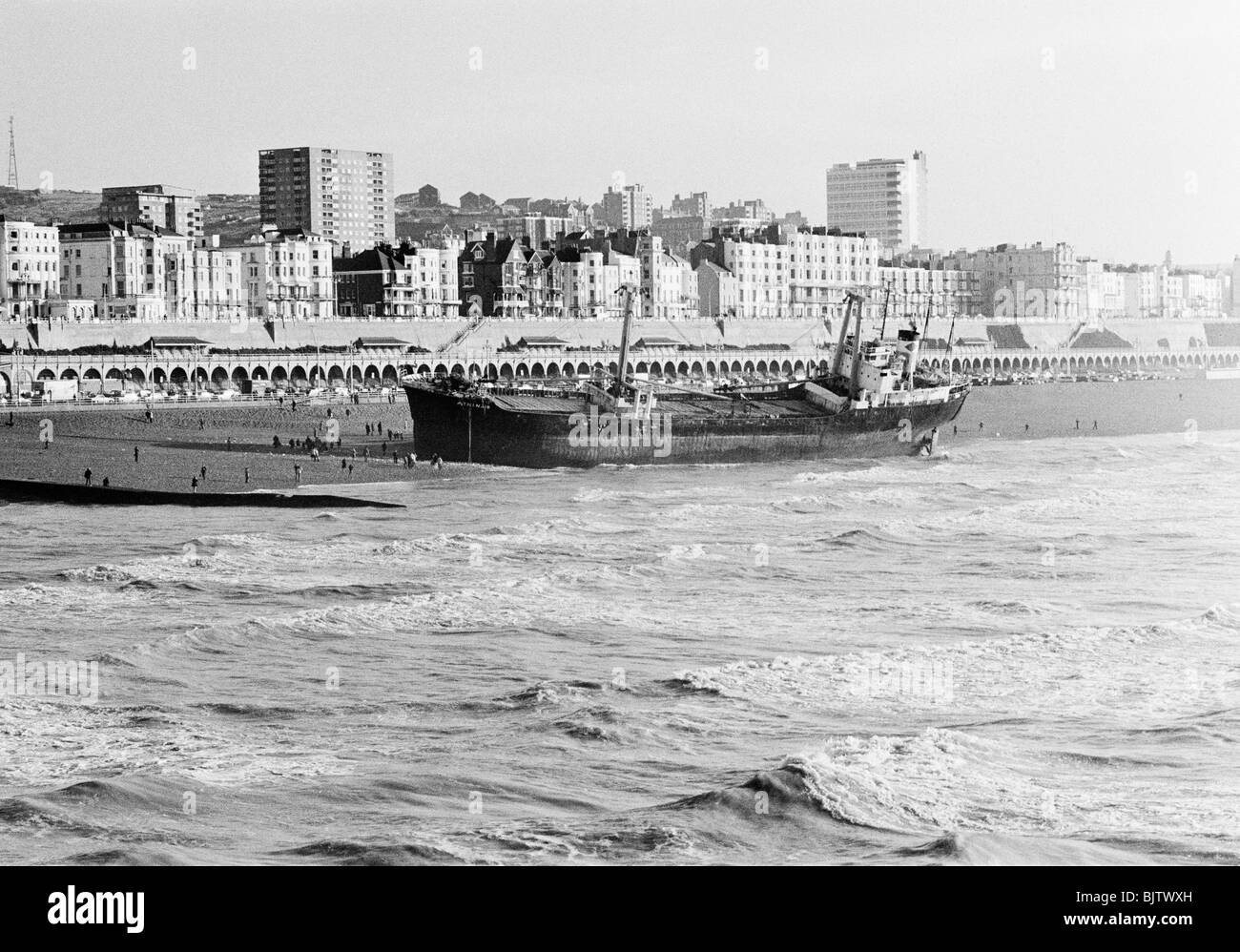 The Athina B, a Greek cargo ship which was grounded on Brighton Beach in 1980 after colliding with the Palace Pier in the dark. Stock Photo