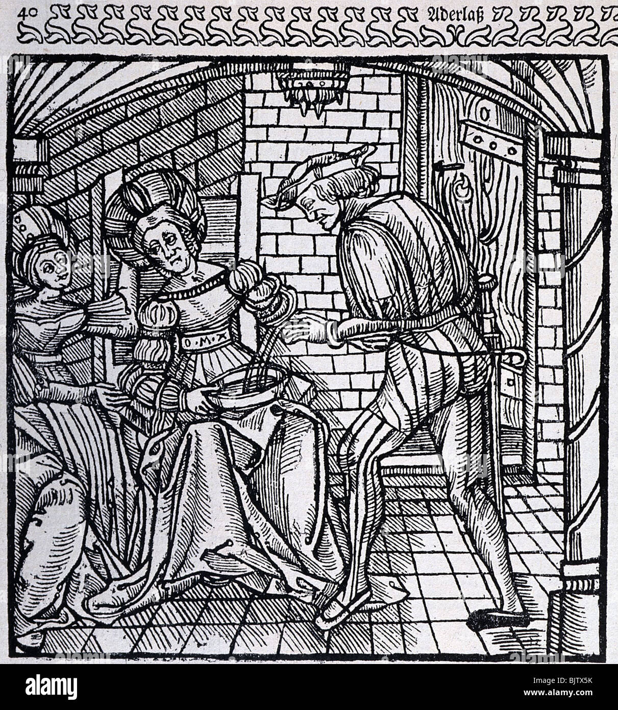 medicine, blood-letting, treatment of a woman, woodcut, 1519, Stock Photo