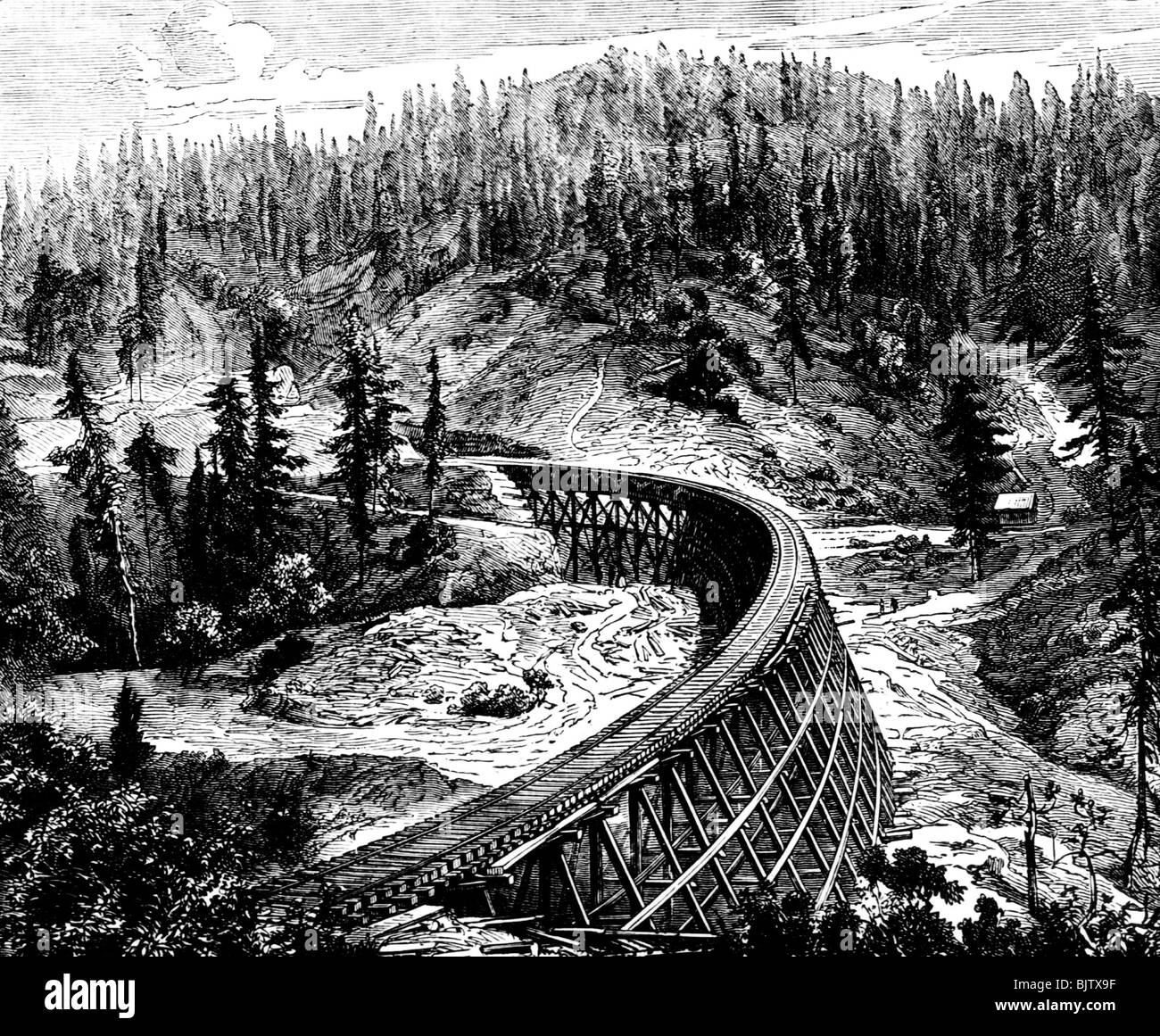geography / travel, United States of America, transport, railroad, track over the Sierra Nevada, wooden bridge (Trestle work), wood engraving, 19th century, historic, historical, railway, viaduct, viaducts, landscape, landscapes, transportation, North America, Stock Photo