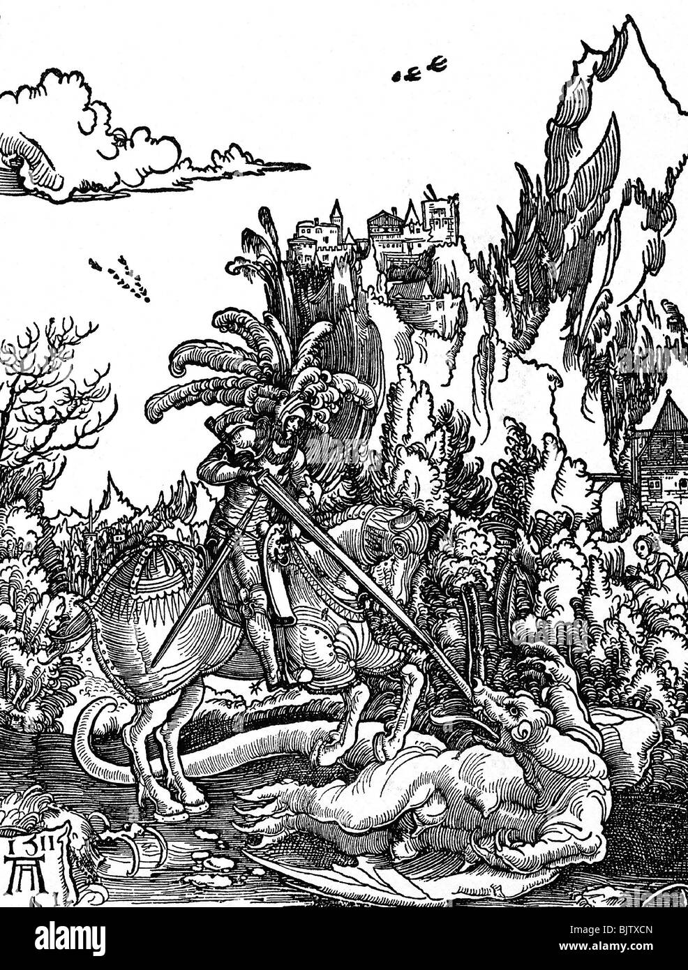 George, Saint, + circa 303, martyr, Holy Helper, full length, on horse, slaying the dragon, woodcut, by Albrecht Altdorfer, 1511, Stock Photo