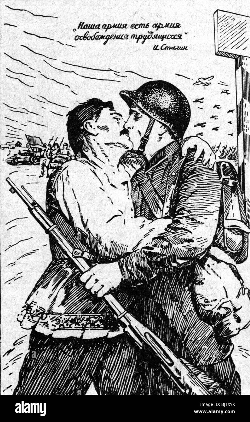 geography / travel, Russia, Ukrayina, illustration to the Red Army meeting with the labour force of the Western Ukrayina and the Western Belarus, woodcut, historic, historical, workforce, working classes, organized labour, workmanship, brother's kiss, brotherly kiss, poster, brotherliness, communism, people, Stock Photo