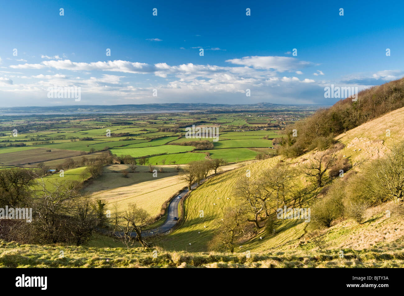 View of Cam, Dursley, Coaley and Berkeley in the Severn Vale from Coaley Peak, Cotswolds, Glucestershire, UK Stock Photo