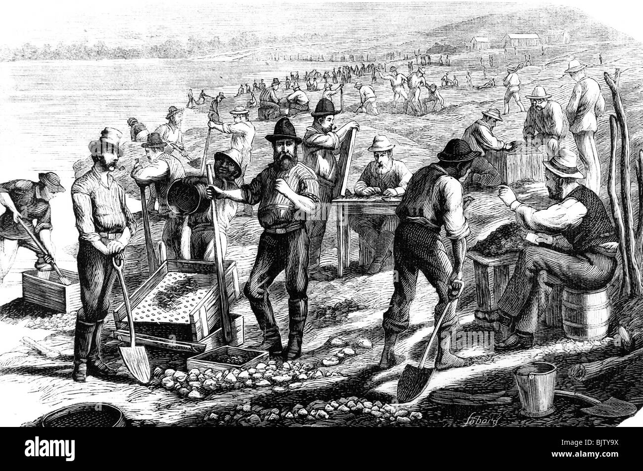 mining, diamonds, South Africa, diamond diggers, wood engraving, circa