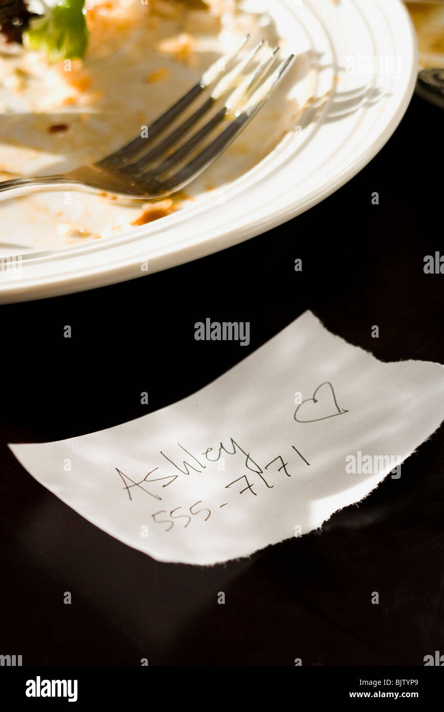 Soiled plate with memo and tip Stock Photo