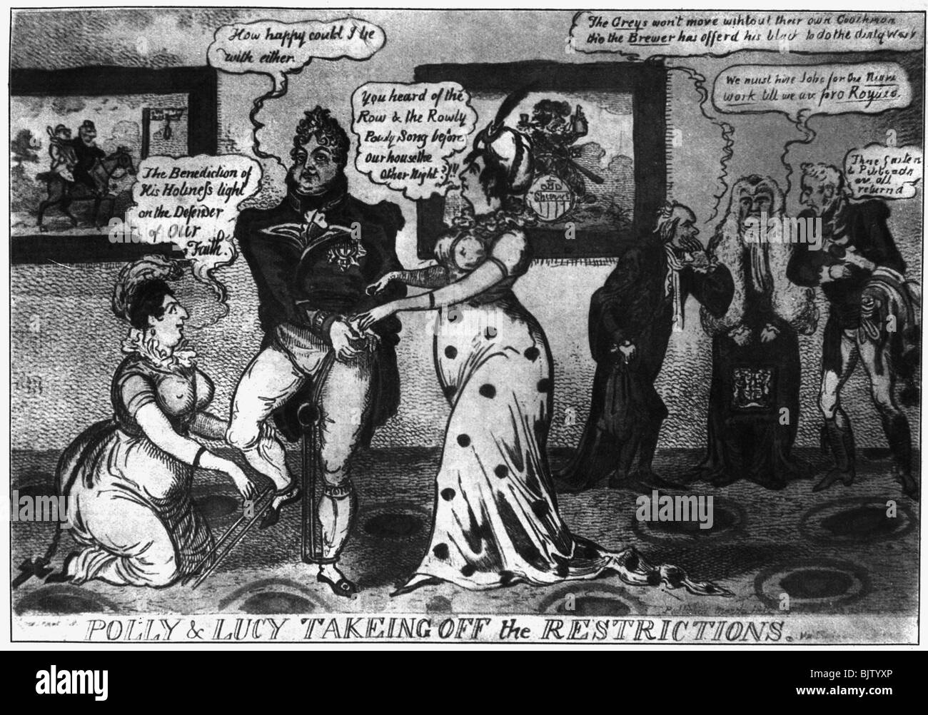 George IV, 12.8.1762 - 26.6.1830, King of Great Britain 29.1.1820 - 26.6.1830, caricature, 'Polly and Lucy taking away off the Restrictions', copper engraving by Georg Cruikshank, 1812, , Stock Photo