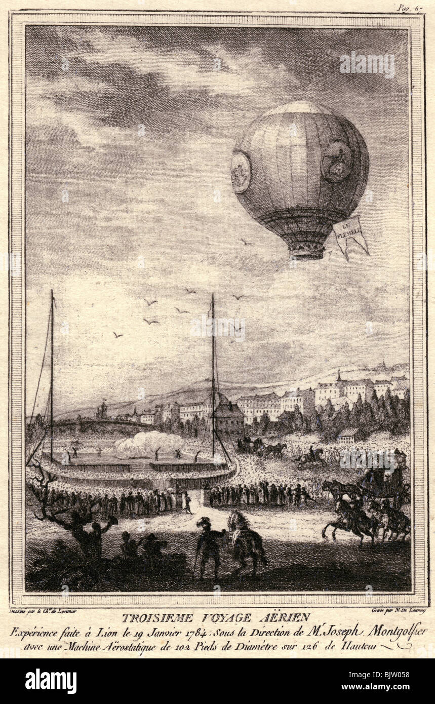 transport / transportation, aviation, balloons, hot-air ballon of brothers Joseph Michel and Jacques Etienne Montgolfier, third flight, start in Lyon, 19.1.1784, Artist's Copyright has not to be cleared Stock Photo