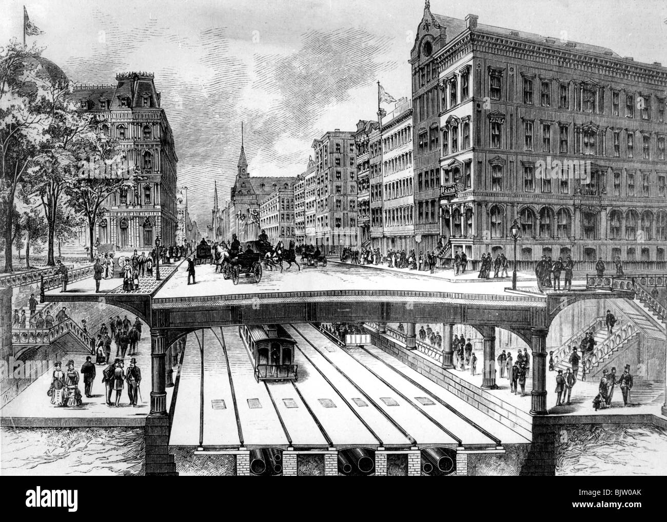 geography / travel, United States of America, New York, transport / transportation, subway, cross section of a planned marked-out route, wood engraving, 1884, Stock Photo