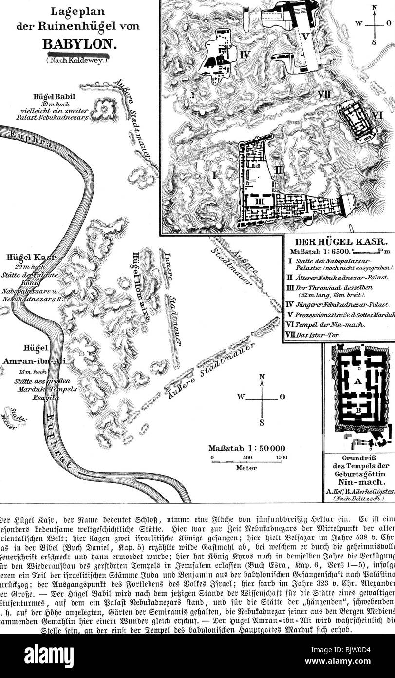 ancient world, Babylon, excavations, site plan of the ruins by Koldewey, drawing, 19th century, key plan, layout, location plane , site plans, key plans, layouts, location planes, historic, historical, excavation, archeology, archaeology, ancient world, Stock Photo