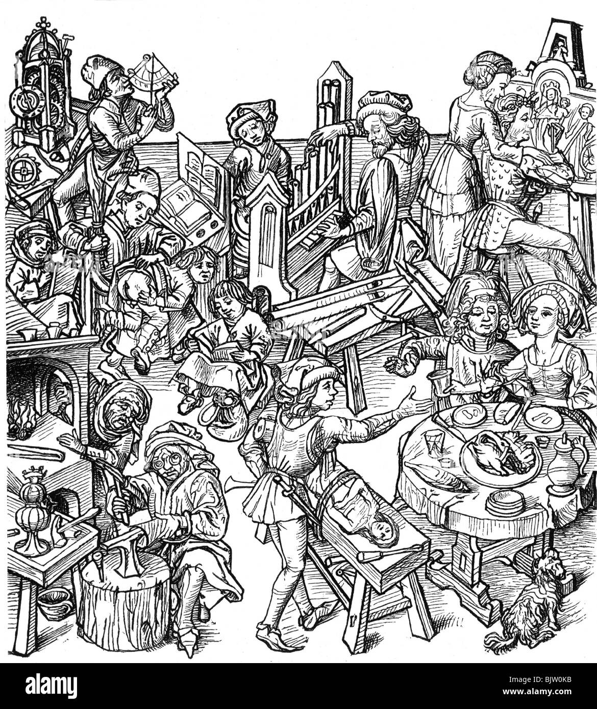 Middle Ages, from life of German bourgeois, 15th century, historic, historical, master, masters with pupil, student, pupils, students, watchmaker, clockmaker, watchmakers, clockmakers, organ builder, organ builders, painter, goldsmith, goldsmiths, sculptor, sculptors, eating, dinner, meal, couple, profession, professions, people, medieval, Stock Photo