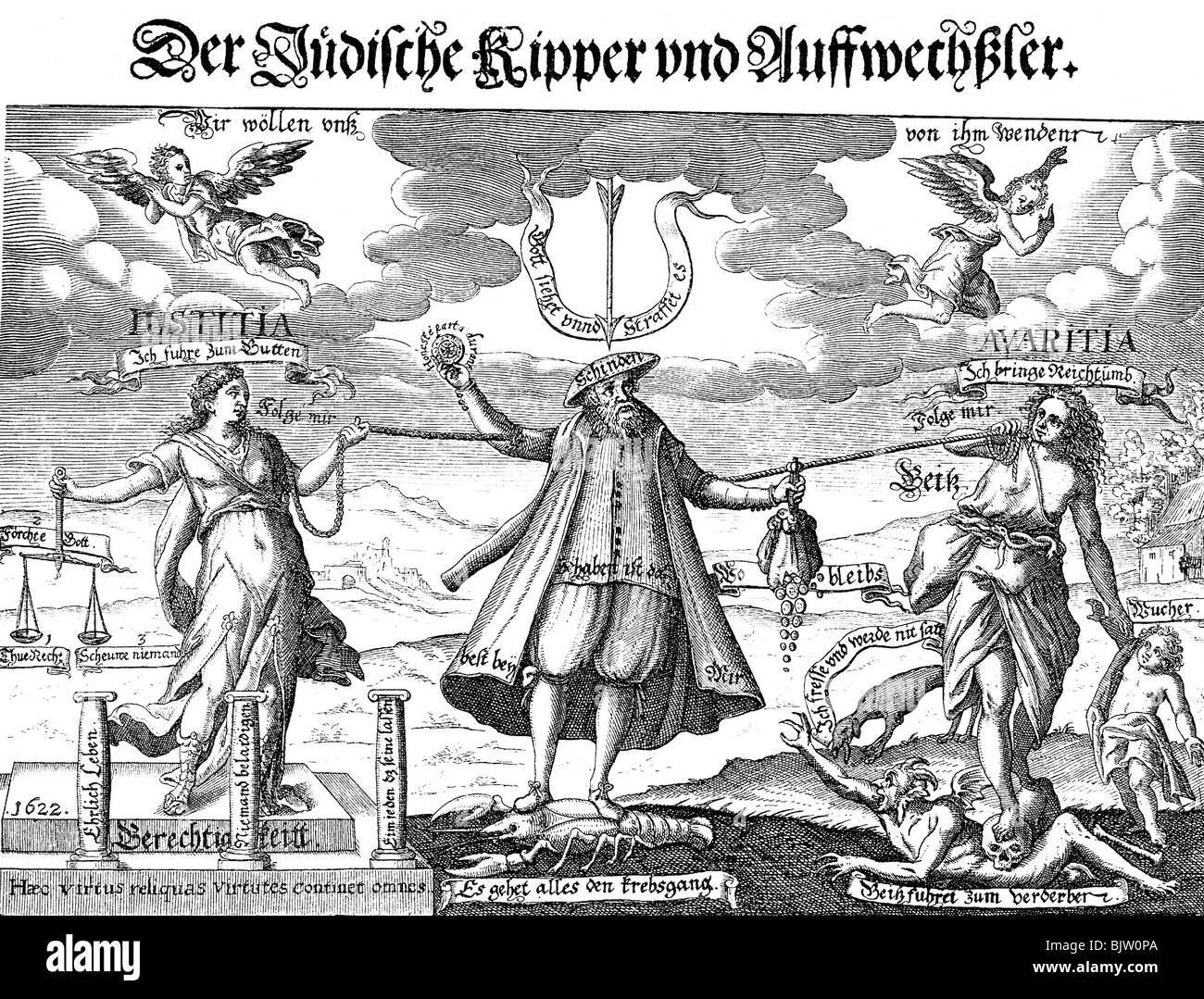 Judaism / Jewry and persecution of Jews, caricature about fraud  during exchange of money, 'Der juedische Kipper and Aufwechsler', copper engraving, 1622, Stock Photo
