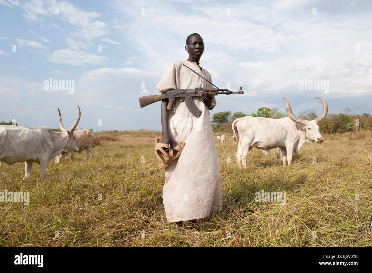 SOUTH-SUDAN, Cuibet near Rumbek , Dinka tribe, shepherd armed with Kalashnikov AK-47 protect their Zebu cows from hostile cattle raider Stock Photo