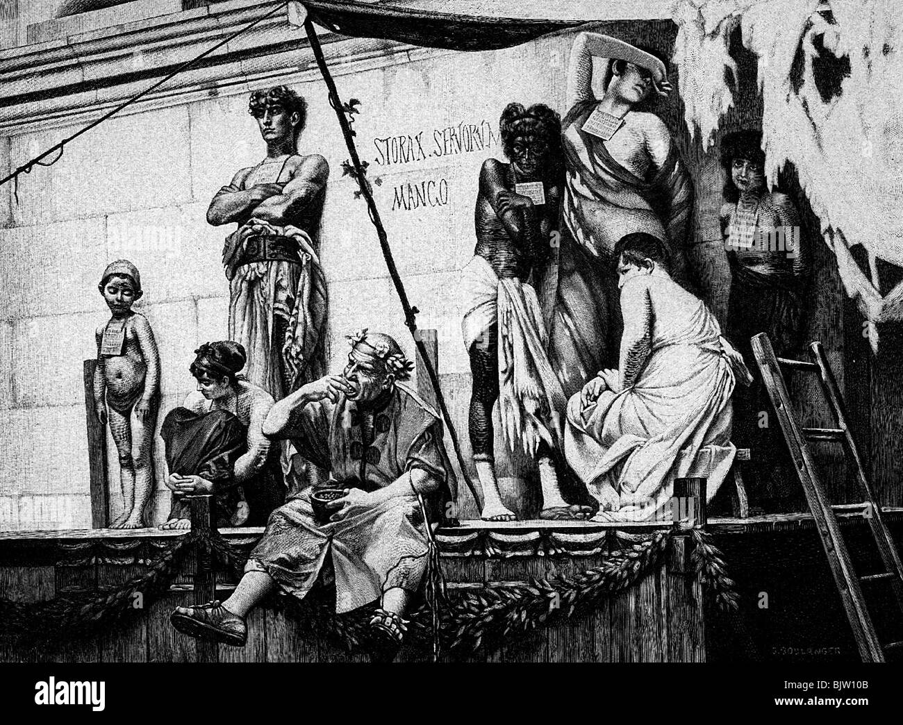 slavery, ancient world, Roman slave market, wood engraving after painting by Gustave Boulanger, 19th century, historic, historical, trader, traders, merchant, merchants, slaves, platform, pedestal, platforms, pedestals, ancient world, people, Stock Photo