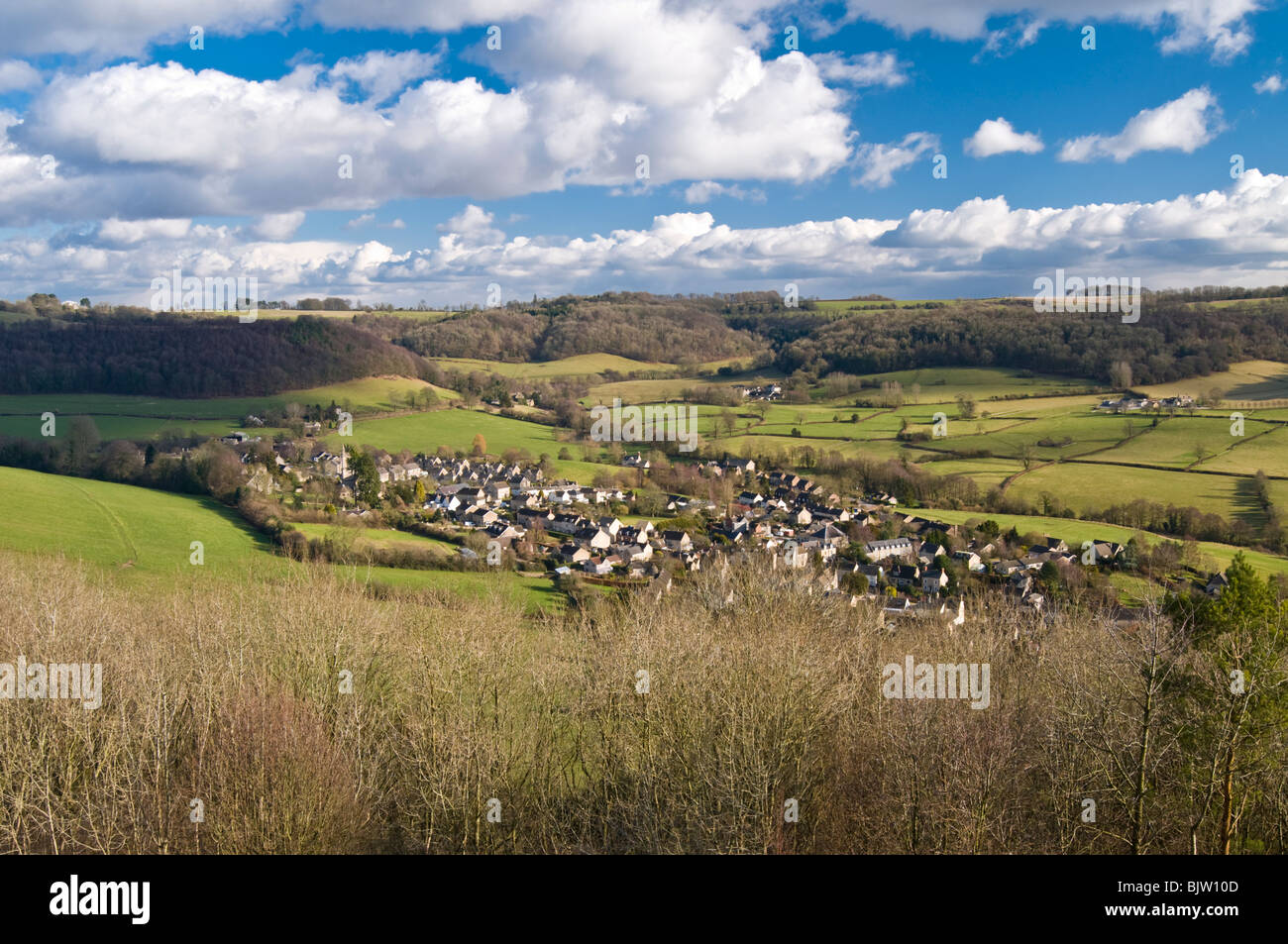 Panoramic view of Uley from Uley Bury, Cotswolds, Gloucestershire, UK Stock Photo