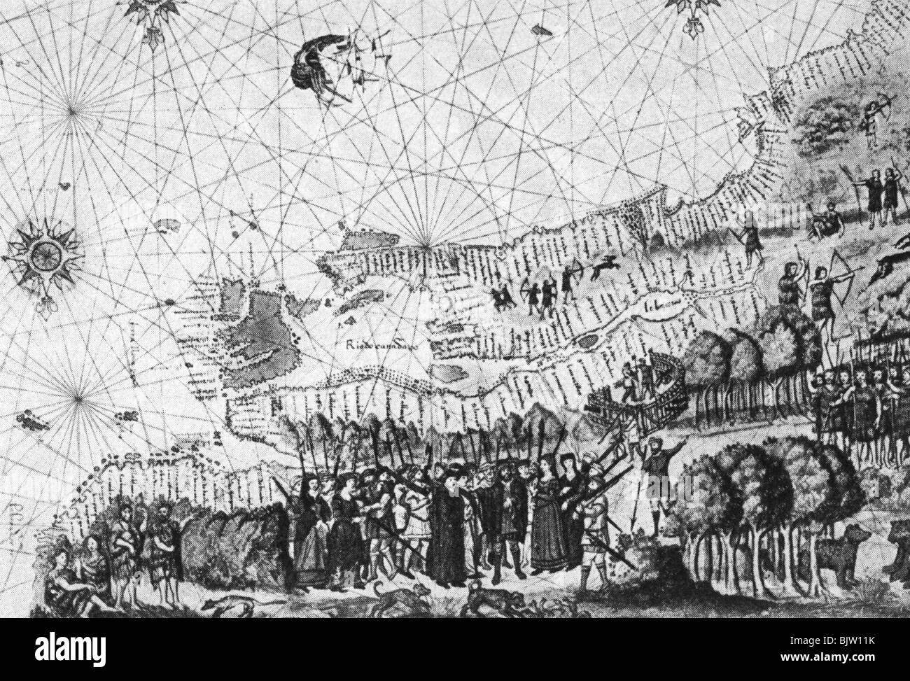 Cartier, Jacques, 1491 - 1.9.1557, French explorer, landing with colonists in Canada, 1542, drawing on map by Vallard 1546, Hundington Library, San Marino, Stock Photo