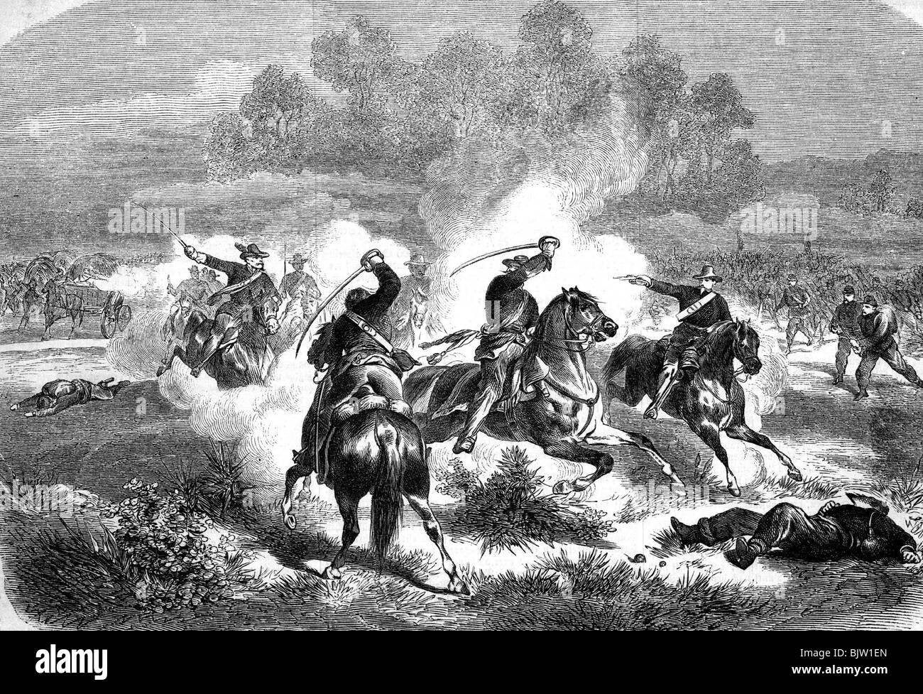 geography / travel, USA, American Civil War 1861 - 1865, Battle of Pea Ridge, 7.- 8.3.1862, Union General Franz Sigel fighting with Confederate cavalry, wood engraving, 'Illustrierte Zeitung', Leipzig, 1862, , Stock Photo