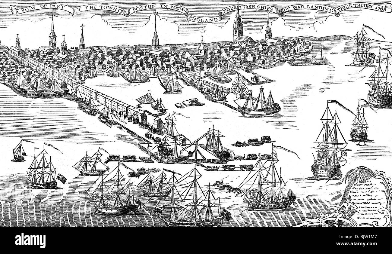 geography / travel, United States of America, Boston, Massachusetts, harbour, invasion of British troops, wood engraving after copper engraving, 1768, Stock Photo