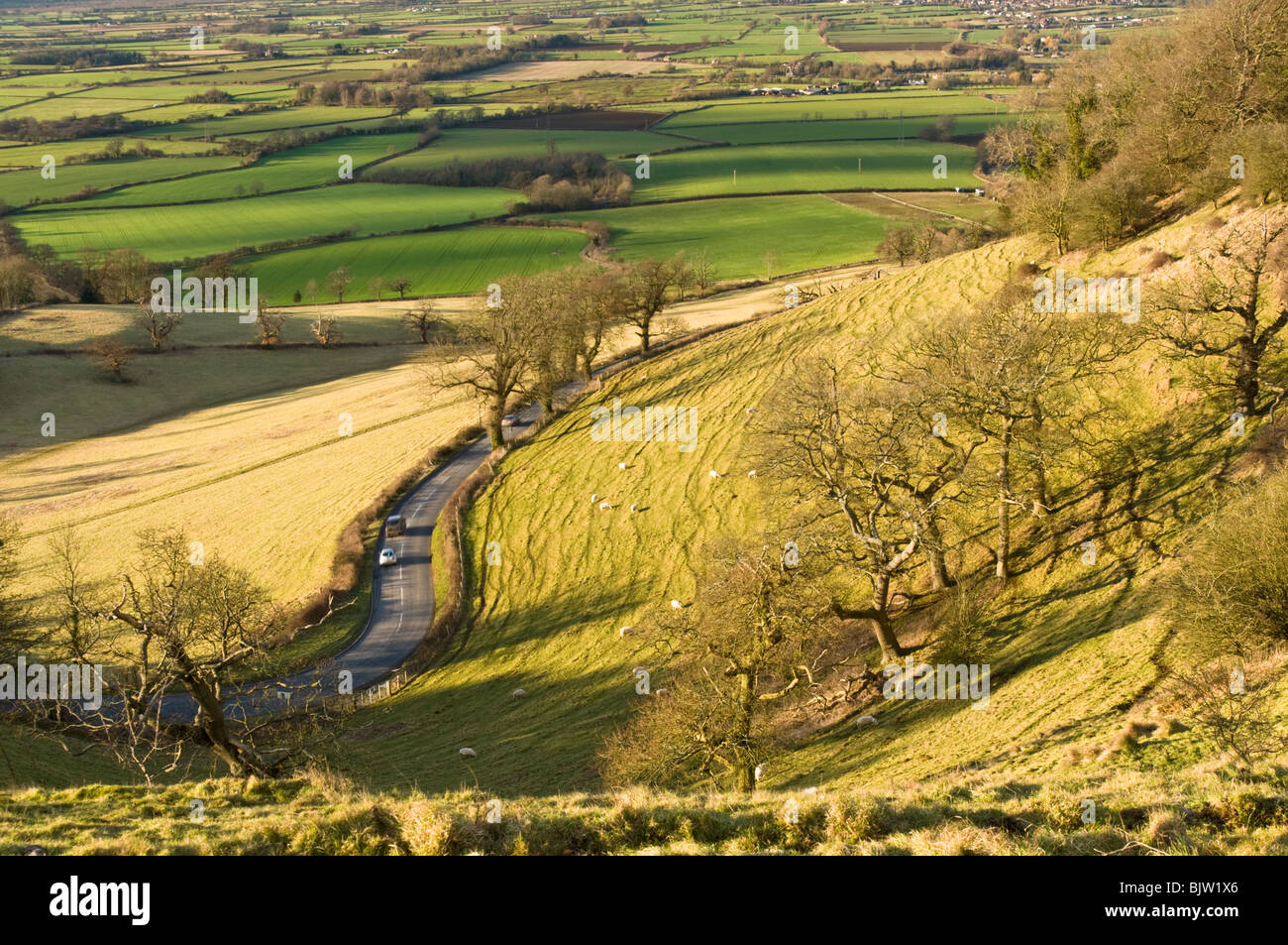 View of Cam, Dursley, Coaley and Berkeley in the Severn Vale from Coaley Peak, Cotswolds, Glucestershire, UK Stock Photo