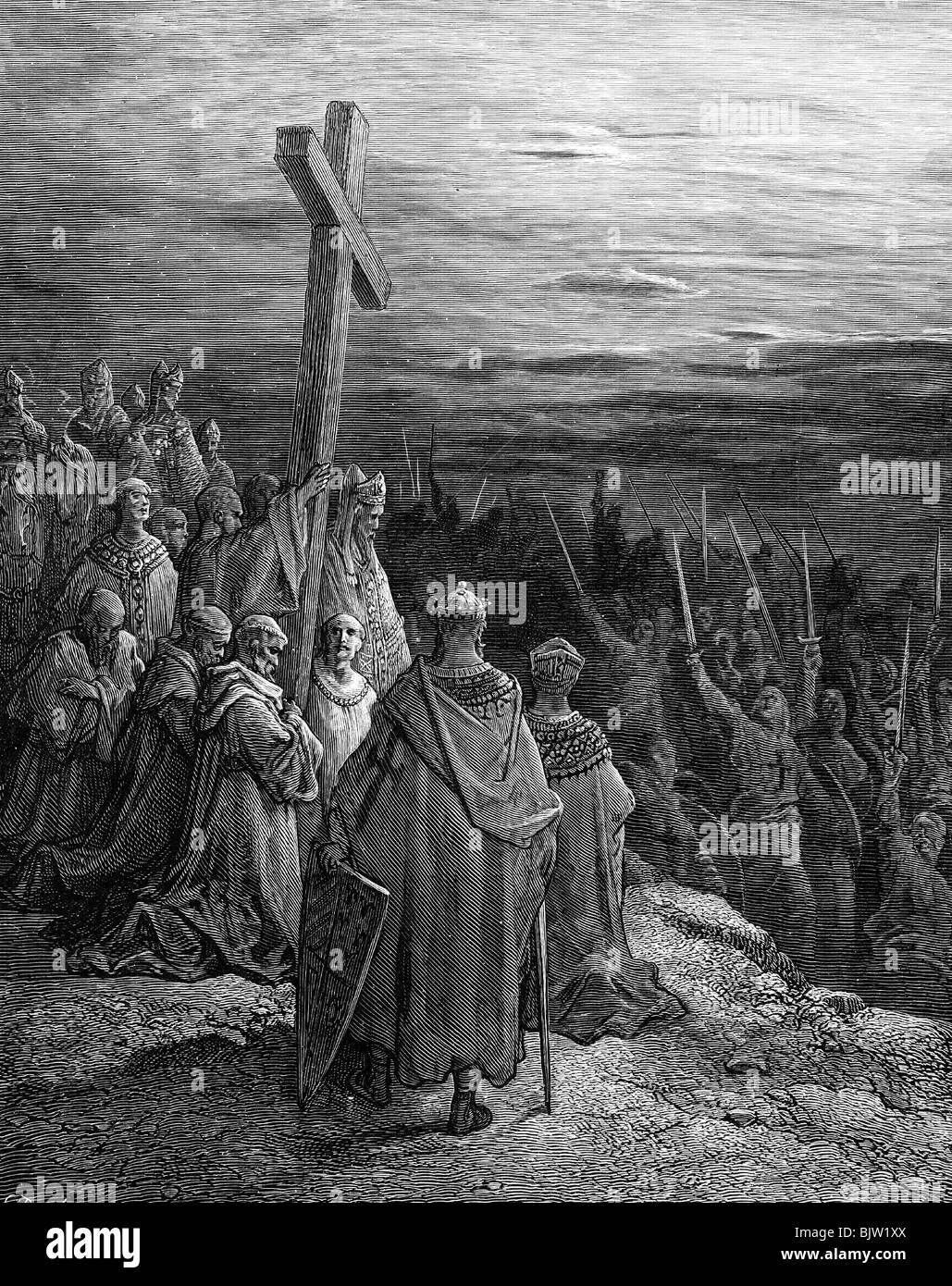 Middle Ages, crusades, First Crusade 1096 - 1099, the cross inspires the army, wood engraving by H. Pisan after drawing by Gustav Dore, to: Joseph Francois Michaud 'Histoire des croisades', 1875, Artist's Copyright has not to be cleared Stock Photo