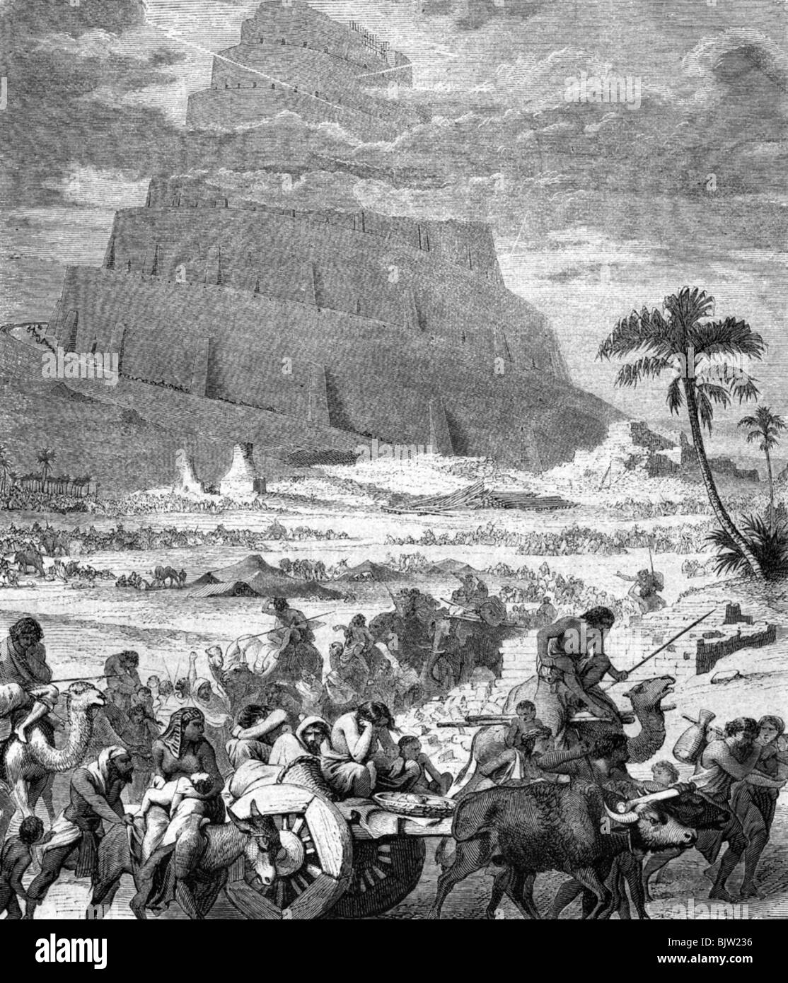 ancient world, Babylon, construction of the Babel Tower, confusion of tongues, wood engraving