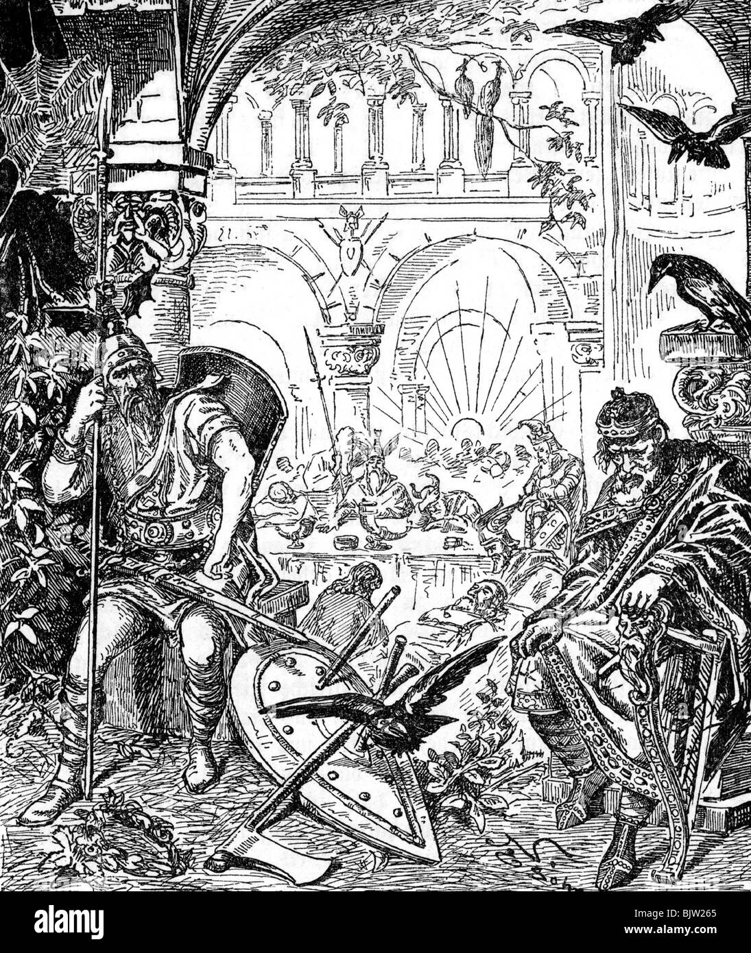 literature, legends / saga, 'The Nibelungen', Hagen and Wolter,  drawing by Boehm, 19th century, Stock Photo