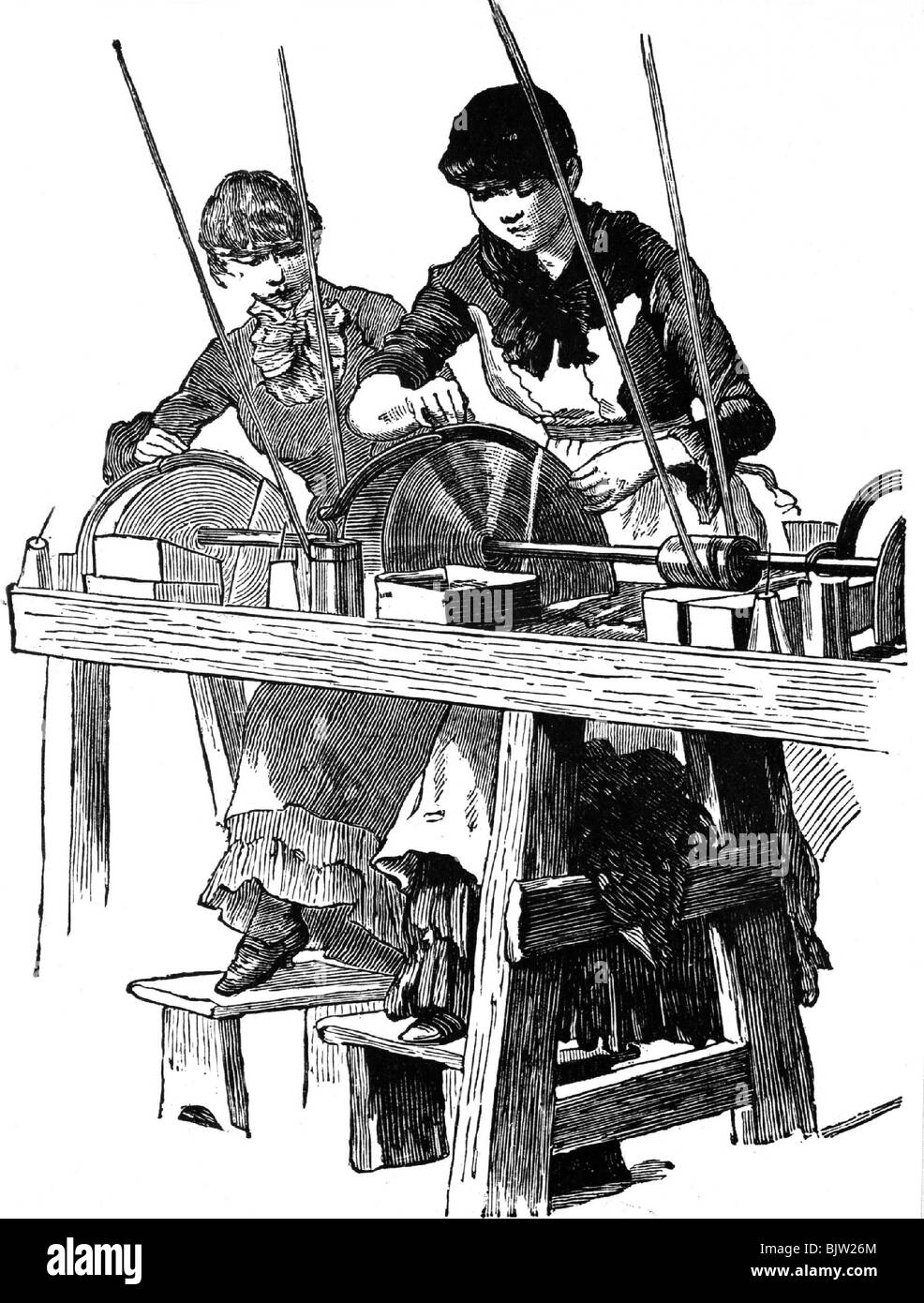 industry, metal processing, grinding of metal springs, women at grinding machine, drawing, Berlin, 1900, Stock Photo