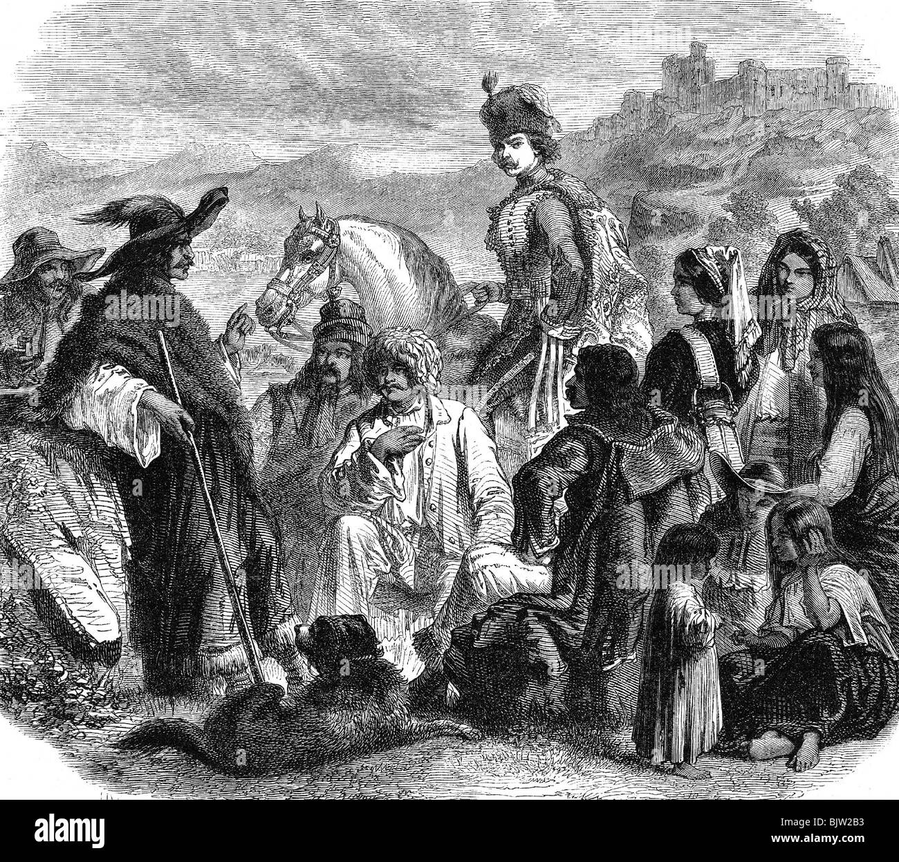 geography / travel, Hungary, people, different types: hussar, herdsman, farmer, gipsy, wood engraving, 19th century, historic, historical, gypsy, zingaro, gypsies, gipsy woman, gypsy woman, zingara, herder, herdsmen, herders, soldier, uniform, horse, riding, rider, hat, stick, children, dog, women, man, men, traditional costume, national costume, dress, traditional costumes, national costumes, dresses, Eastern Europe, Central Europe, Stock Photo