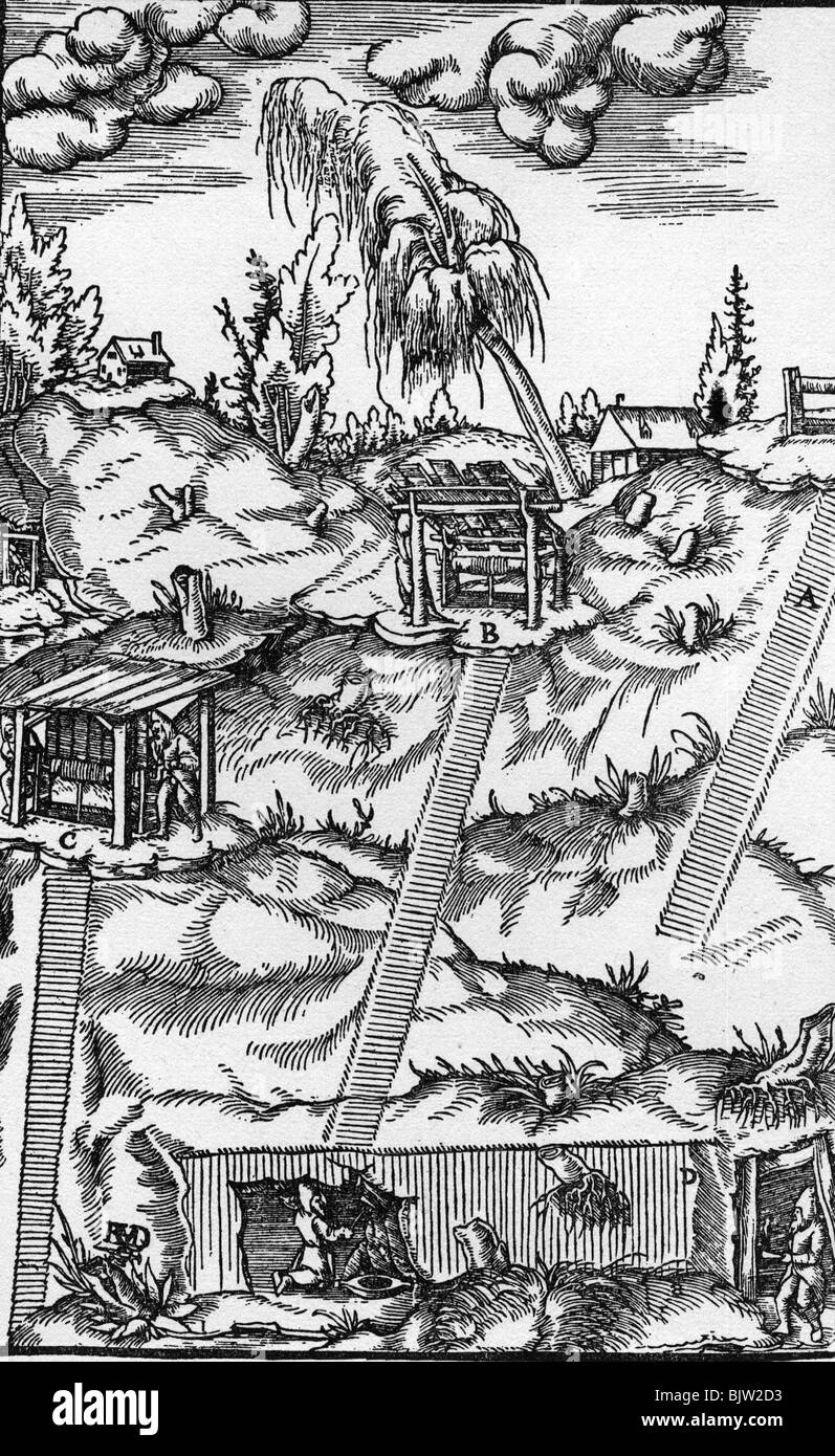 mining, shafts / adits, woodcut after 'Vom Bergwerk' (About the Mine) by Georg Agricola, Germany (born Georg Bauer, 1494 - 1555), 1557, Stock Photo