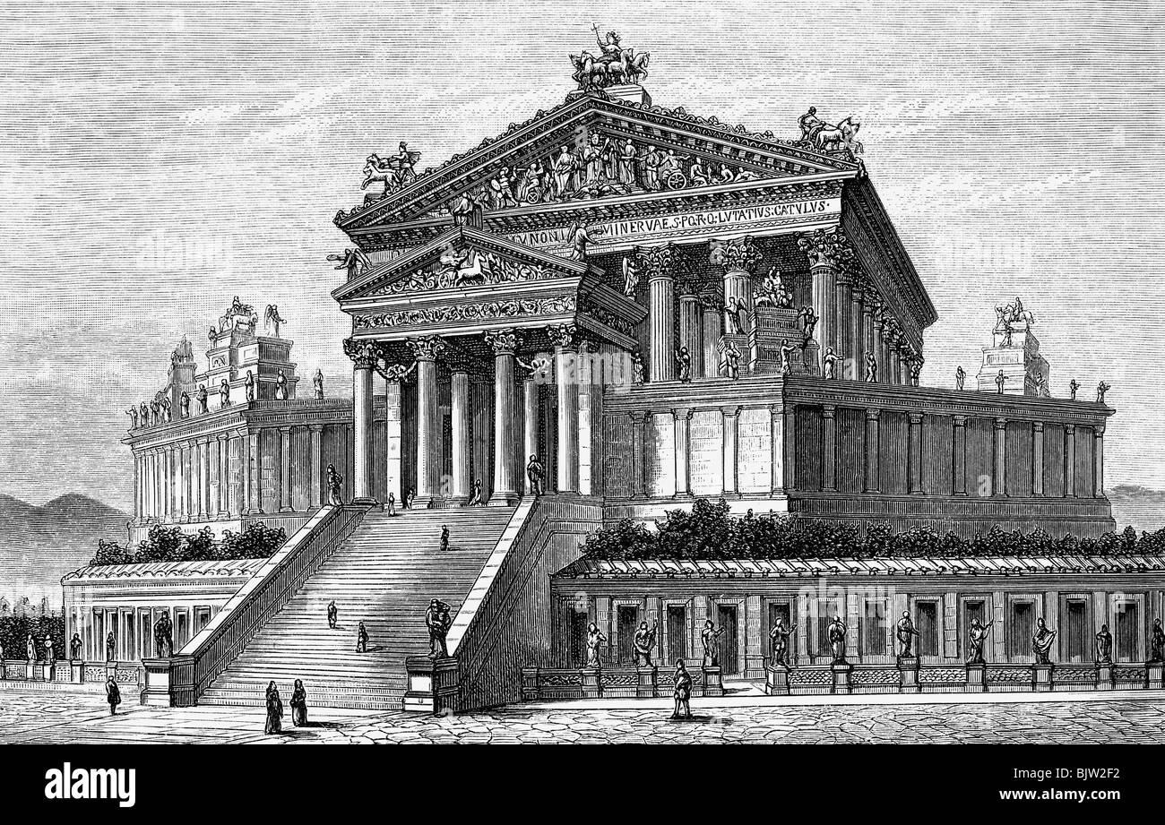 geography / travel, Italy, Rome, Capitoline Hill, Temple of Jupiter Capitolinus, exterior view, circa 100 AD, reconstruction after Luigi Canina, wood engraving, 19th century, mons capitolinus, religion, ancient world, antiquity, architecture, Roman Empire, historic, historical, ancient world, people, Stock Photo