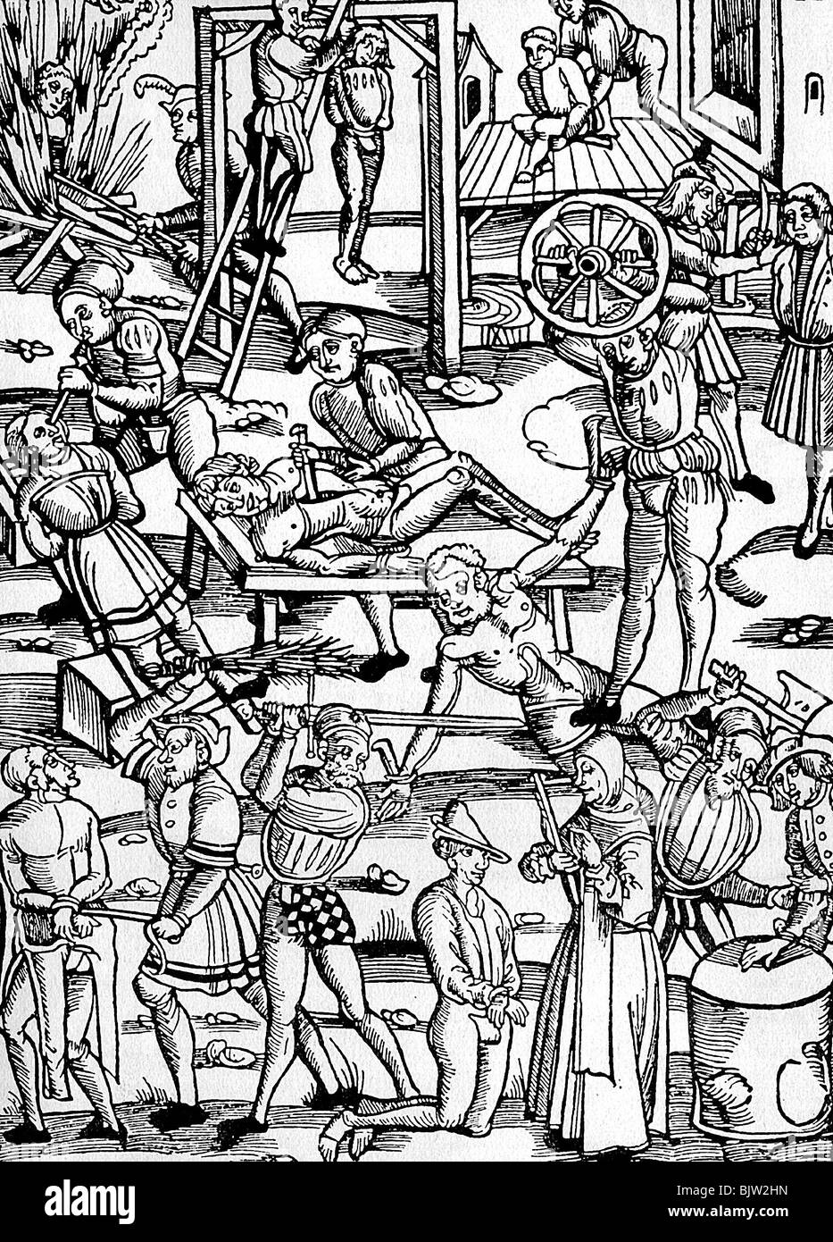 justice, penitentiary system, different penalties, woodcut, Mainz, Germany, 1508, Stock Photo