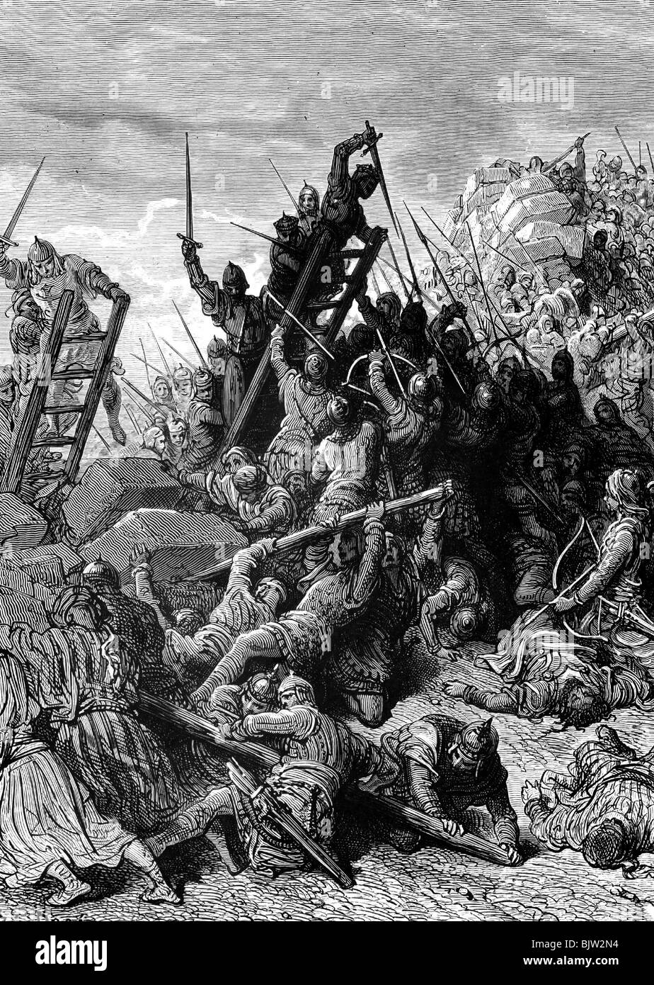 Middle Ages, crusades, Fifth Crusade, Crusade of Damietta, 1217 - 1221, the Christians under John I of Brienne, King of Jerusalem, are storming Damietta, Egypt, 4. / 5.11.1219, wood engraving by Jonnard after drawing by Gustav Dore, to: Joseph Francois Michaud 'Histoire des croisades', 1875, Artist's Copyright has not to be cleared Stock Photo