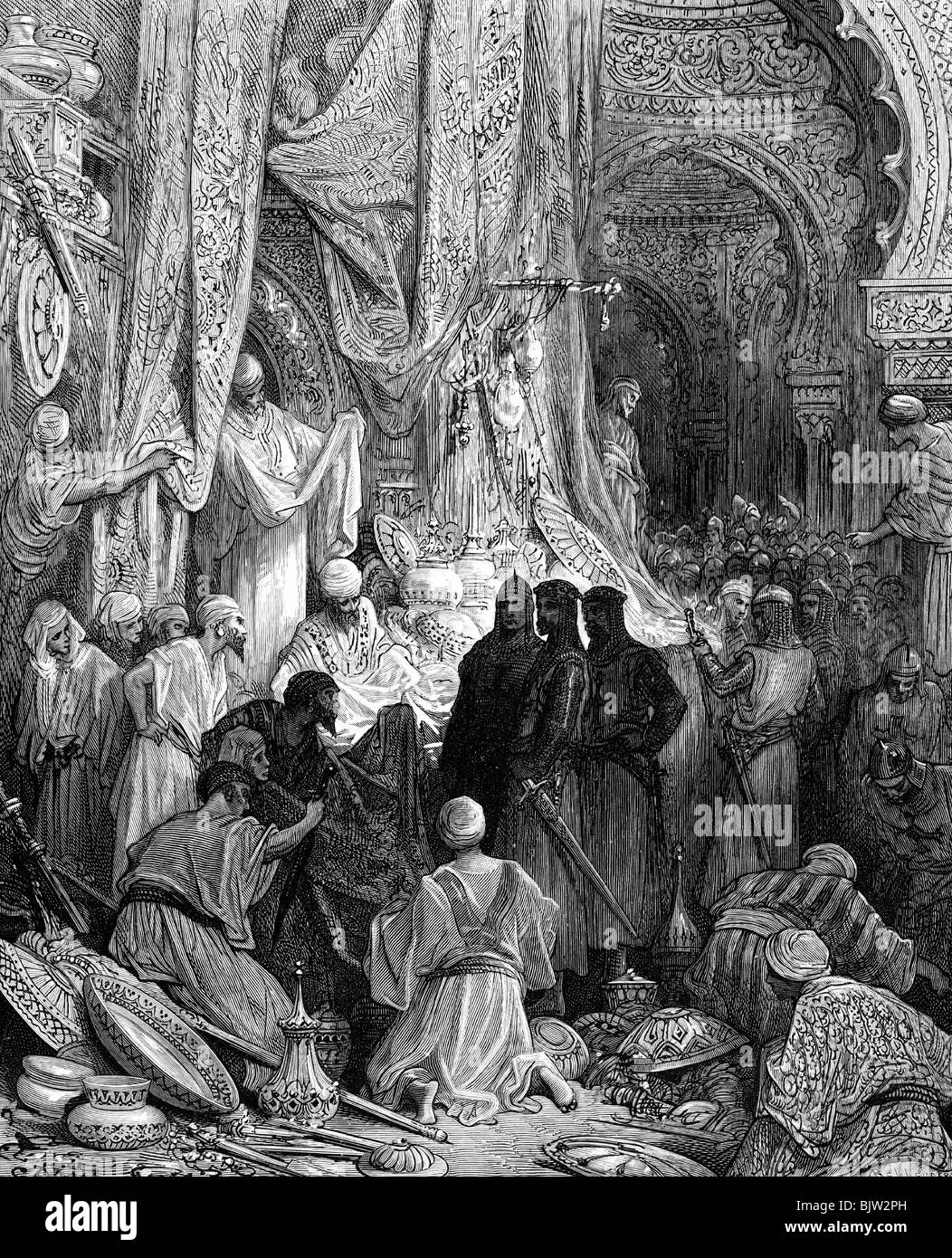 Middle Ages, crusades, the treasures of the East, circa 1110, wood engraving by Bellenger after drawing by Gustav Dore, 'Histoire des croisades' by Joseph Francois Michaud, 1875, Artist's Copyright has not to be cleared Stock Photo