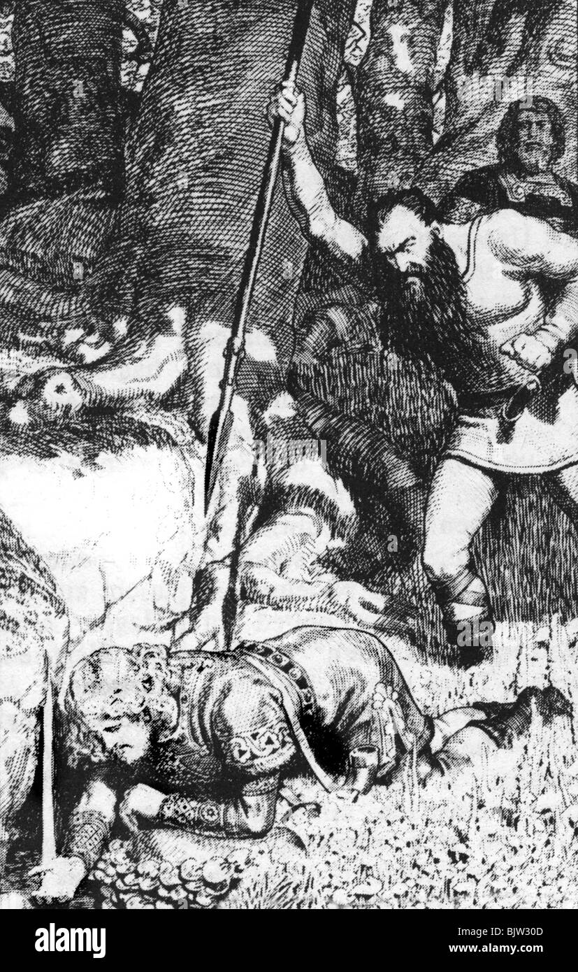 literature, legends / saga, 'The Nibelungen', Hagen killing Siegfried, illustration by Franz Stassen, circa 1910, Stock Photo