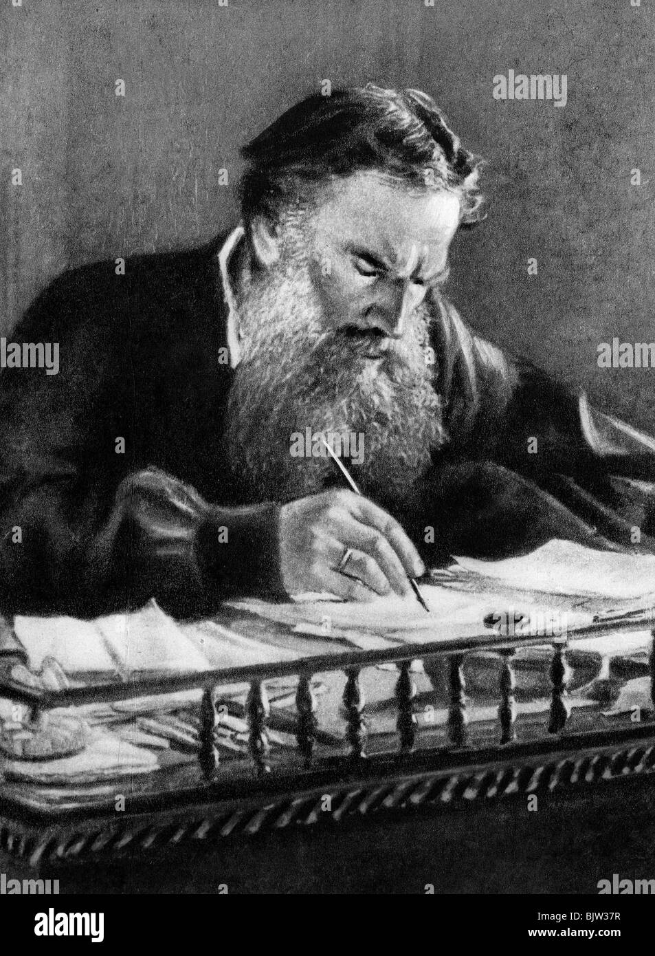 Tolstoy, Lev Nikolayevich, 9.9.1825 - 20.11.1910, Russian author / writer, working, after painting by Nikolai Nikolaevich Ge, 1884, , Stock Photo
