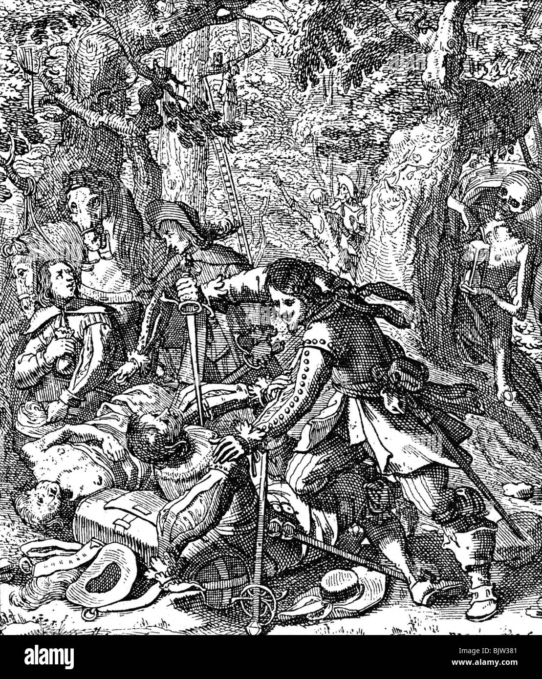 justice, crime, murder with robbery in forest, copper engraving, 17th century, historic, historical, holdup murder, murder with robberies, holdup murders, inroad, inroads, attack, raid, attacks, raids, death, stab to death, stab and kill sb., stabbing to death, stabbed to death, stabs to death, stabbed to death, crime, offence, offense, crimes, offences, offenses, brutal, violent, brute, brute, violence, crimes, people, Stock Photo